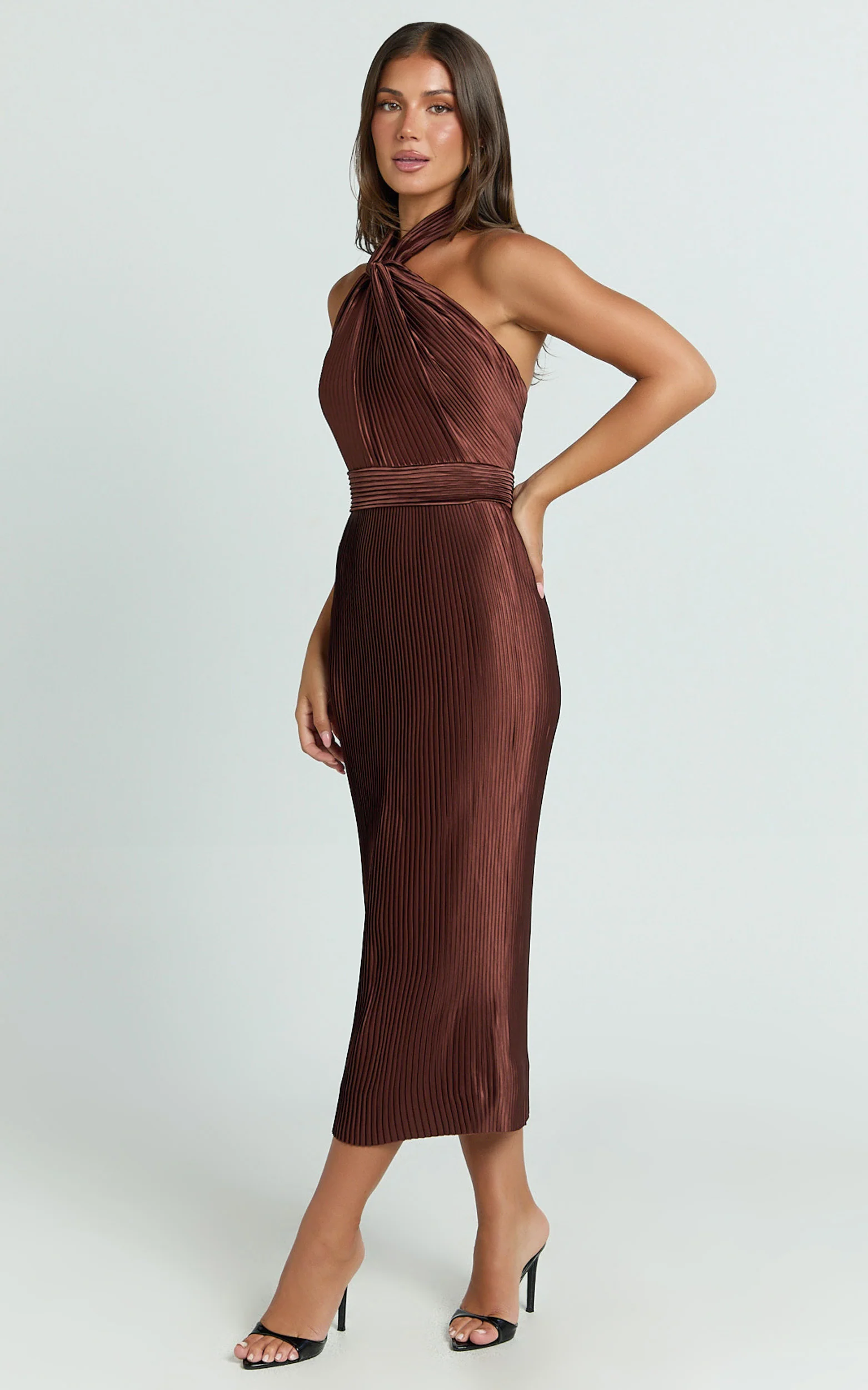 Marlette Midi Dress - Pleated Open Back Halter Dress in Chocolate - Image 8