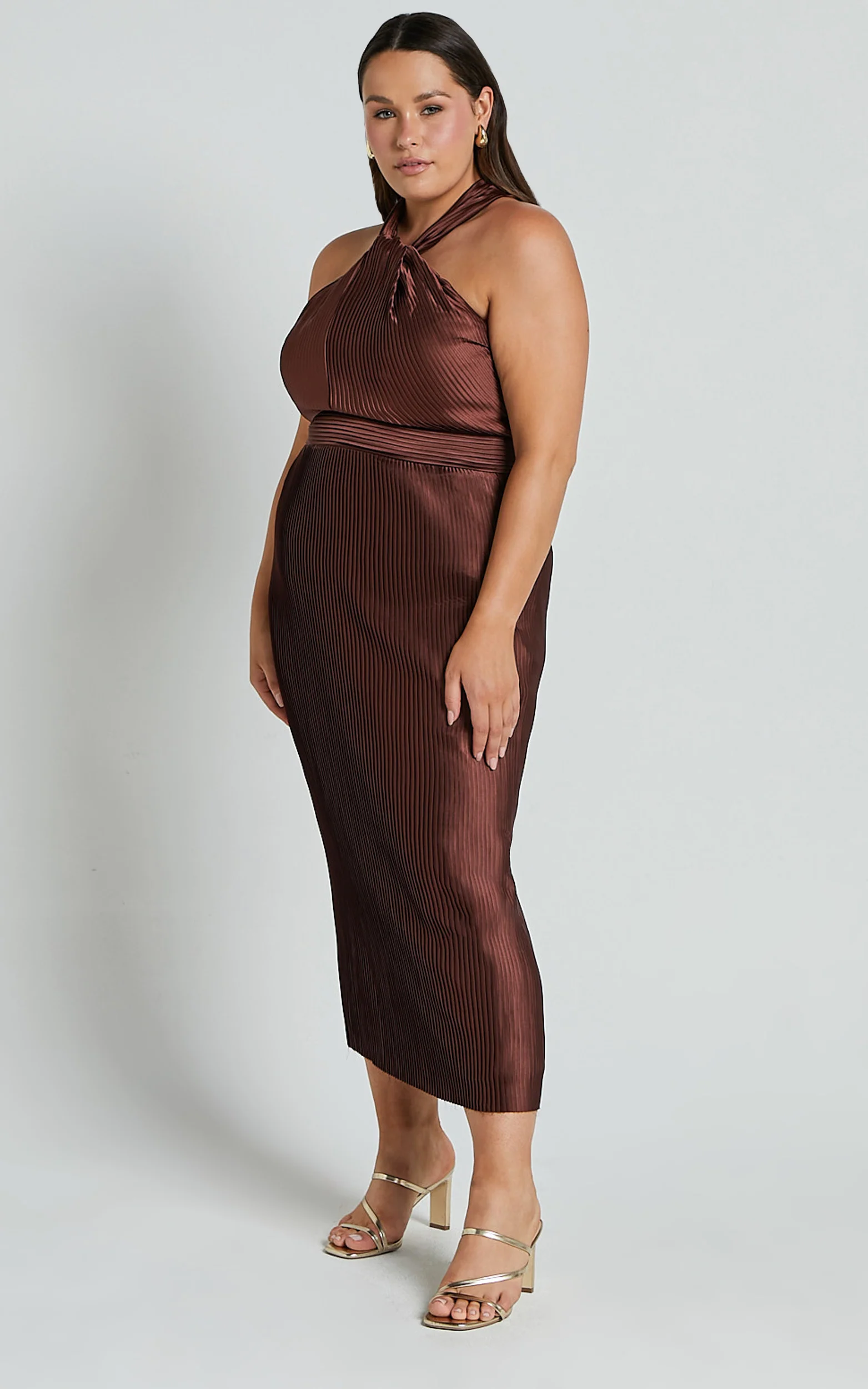 Marlette Midi Dress - Pleated Open Back Halter Dress in Chocolate - Image 9