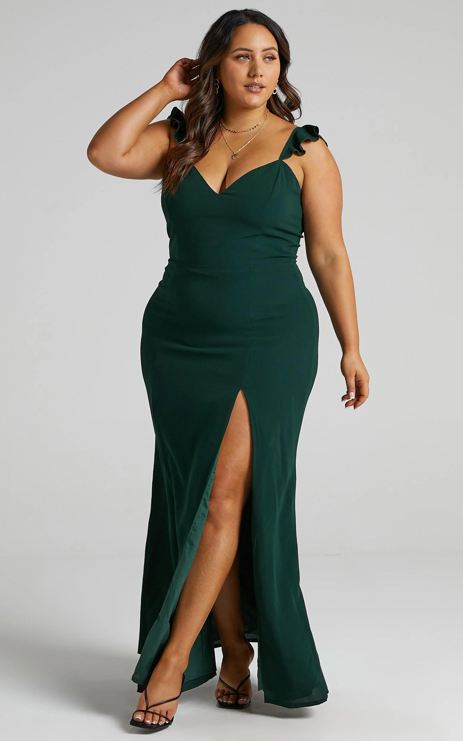 More Than This Maxi Dress - Ruffle Strap Thigh Split Dress in Emerald - Image 6