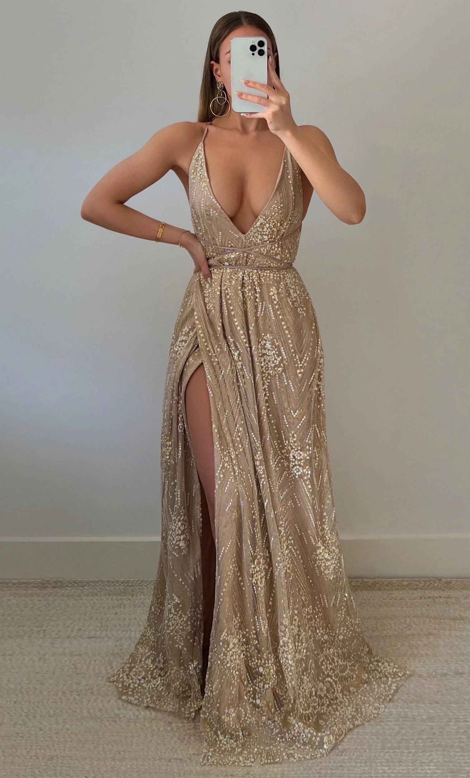 New York Nights Maxi Dress - Sequin Plunge Cross Back Dress in Gold - Image 3