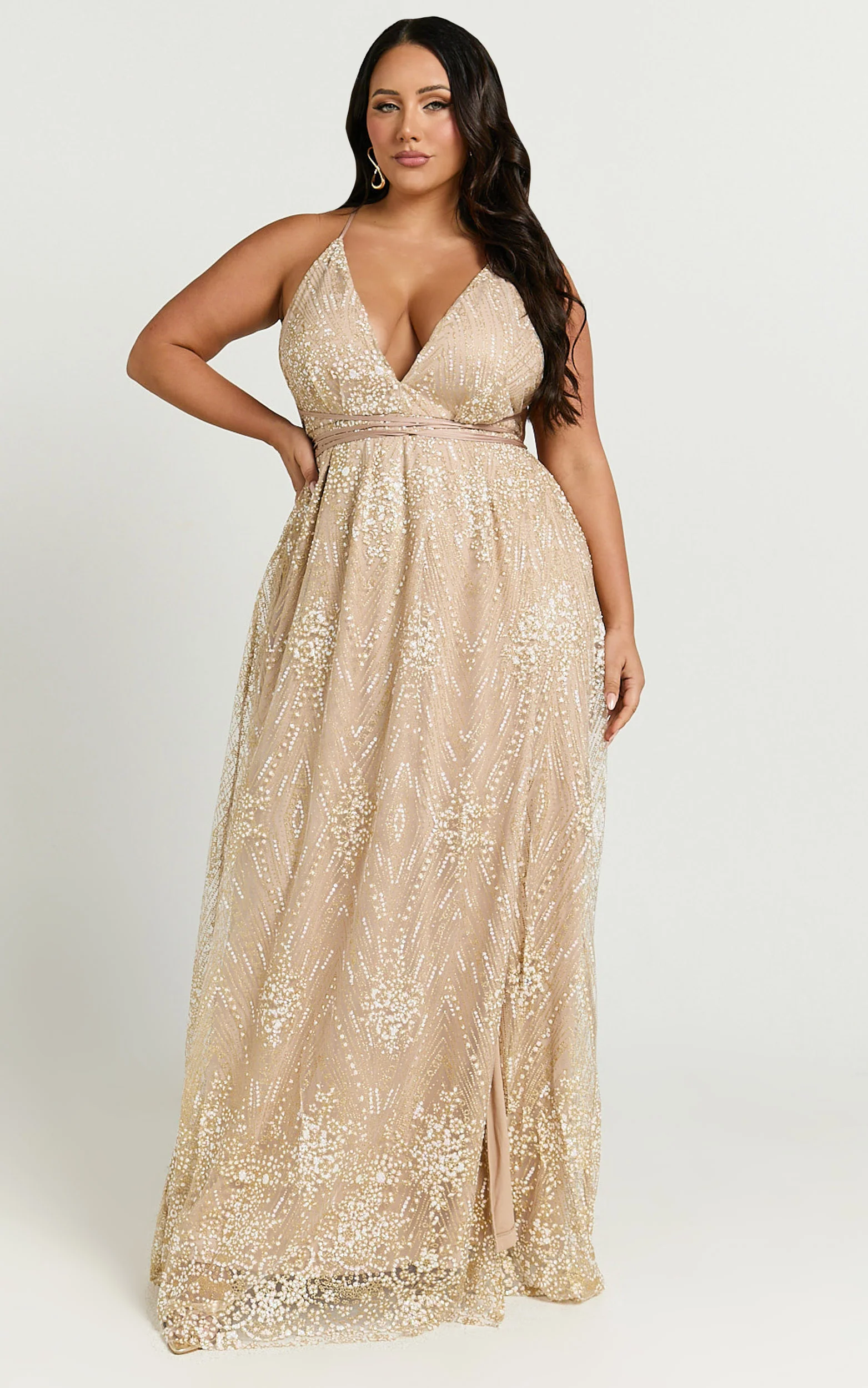 New York Nights Maxi Dress - Sequin Plunge Cross Back Dress in Gold - Image 4