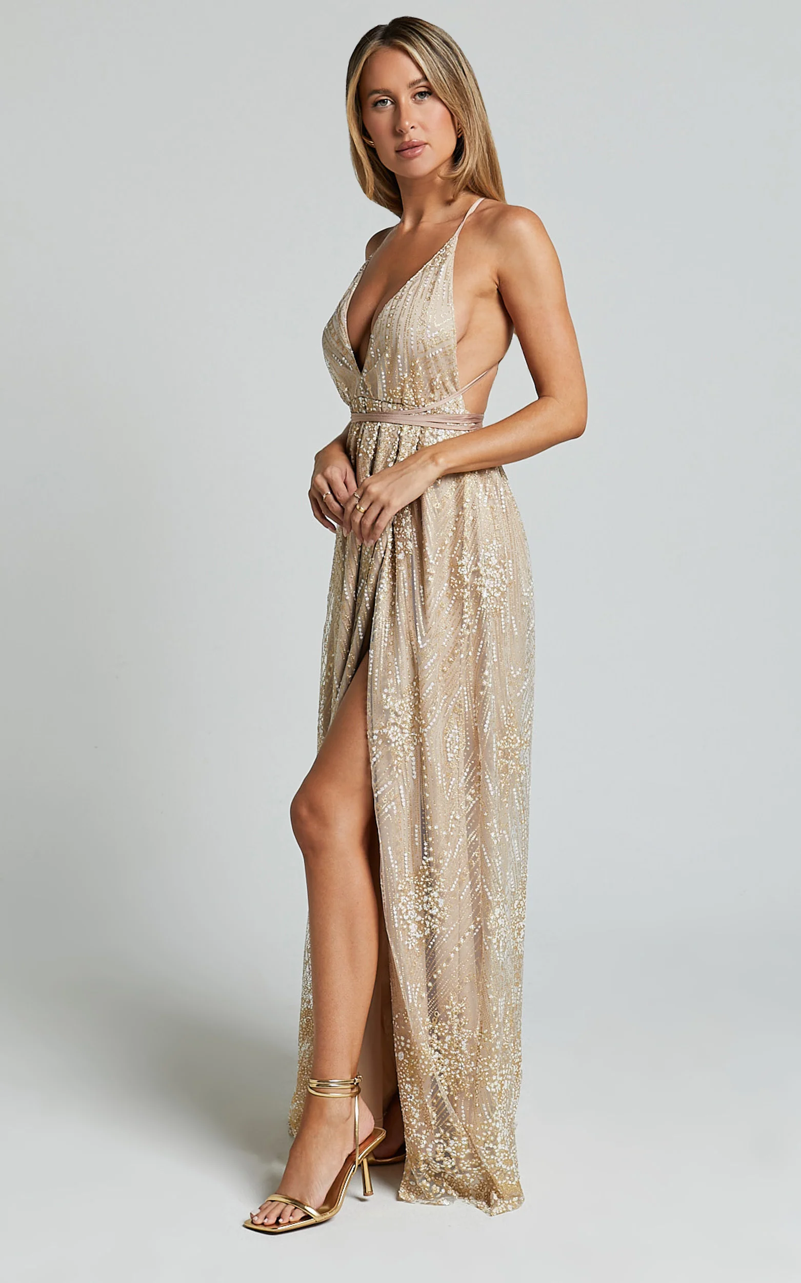 New York Nights Maxi Dress - Sequin Plunge Cross Back Dress in Gold - Image 5