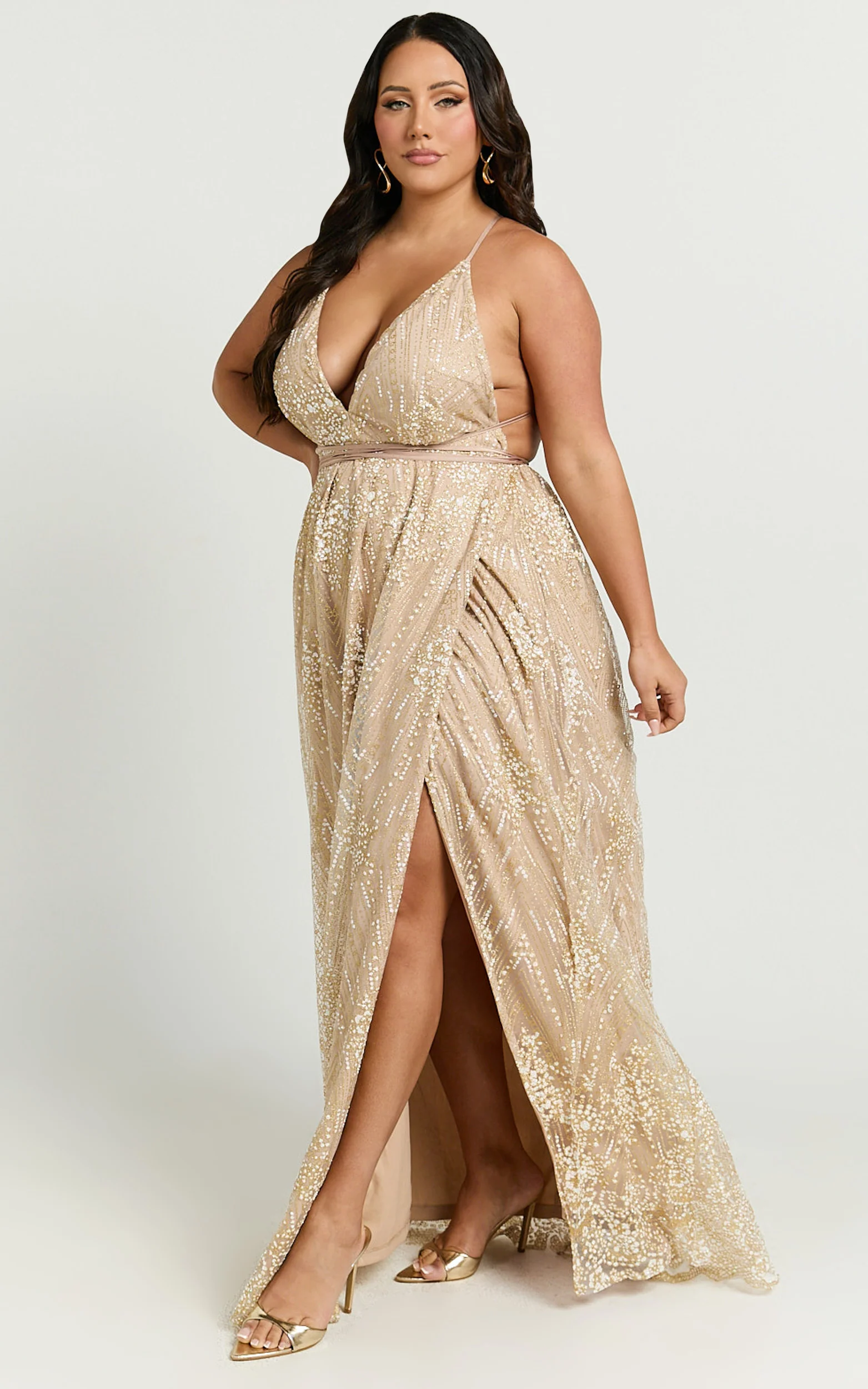 New York Nights Maxi Dress - Sequin Plunge Cross Back Dress in Gold - Image 6
