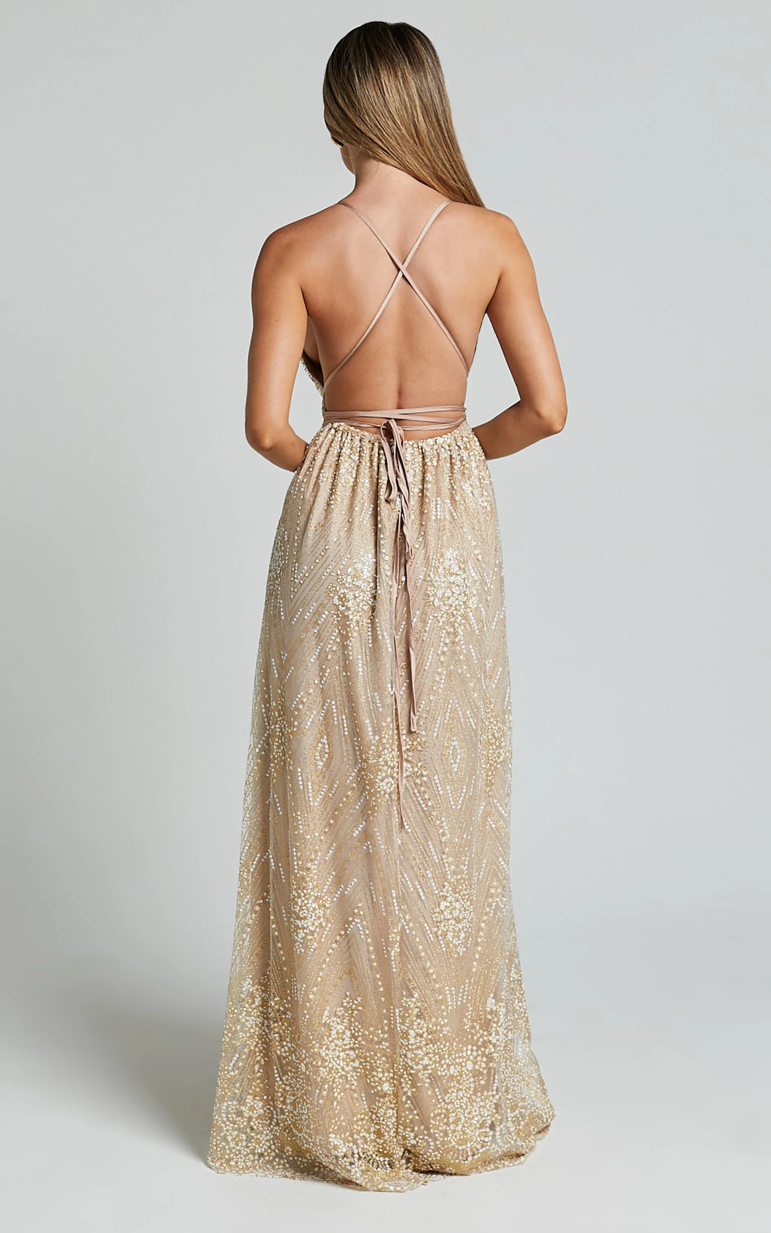 New York Nights Maxi Dress - Sequin Plunge Cross Back Dress in Gold - Image 9