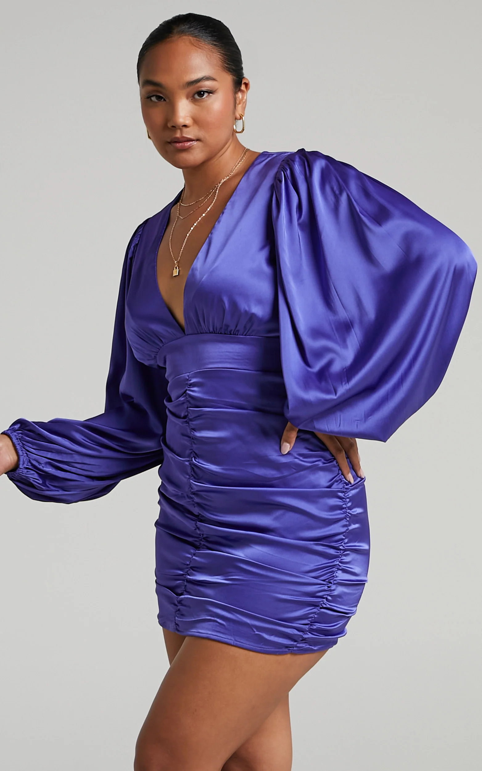 Nicole Mini Dress - Plunge Neck Ruched Dress in Steel Blue - Image 6