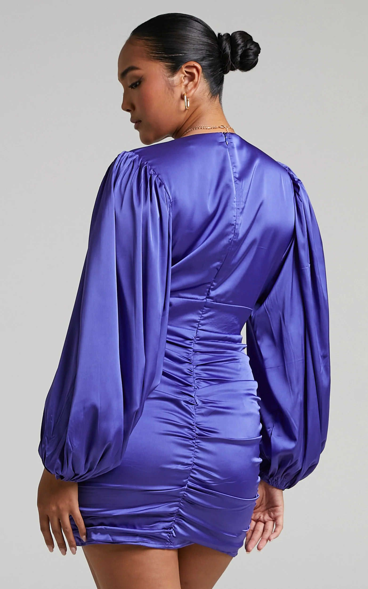 Nicole Mini Dress - Plunge Neck Ruched Dress in Steel Blue - Image 7