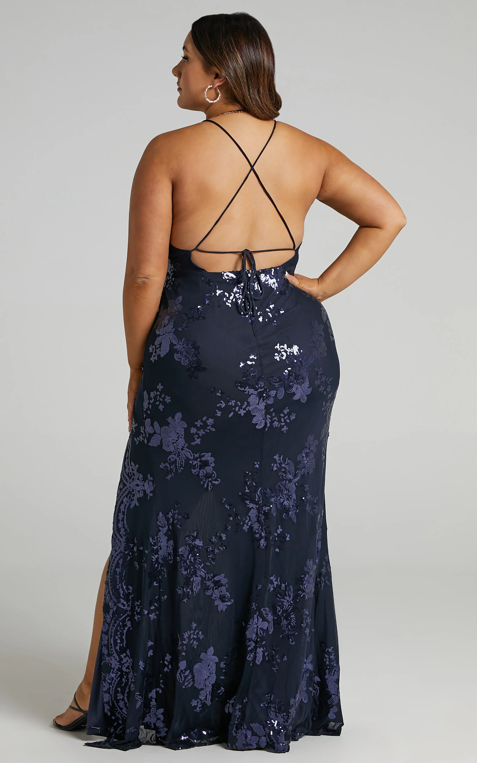 Out Till Dawn Maxi Dress - Thigh Split Dress in Navy Sequin - Image 6