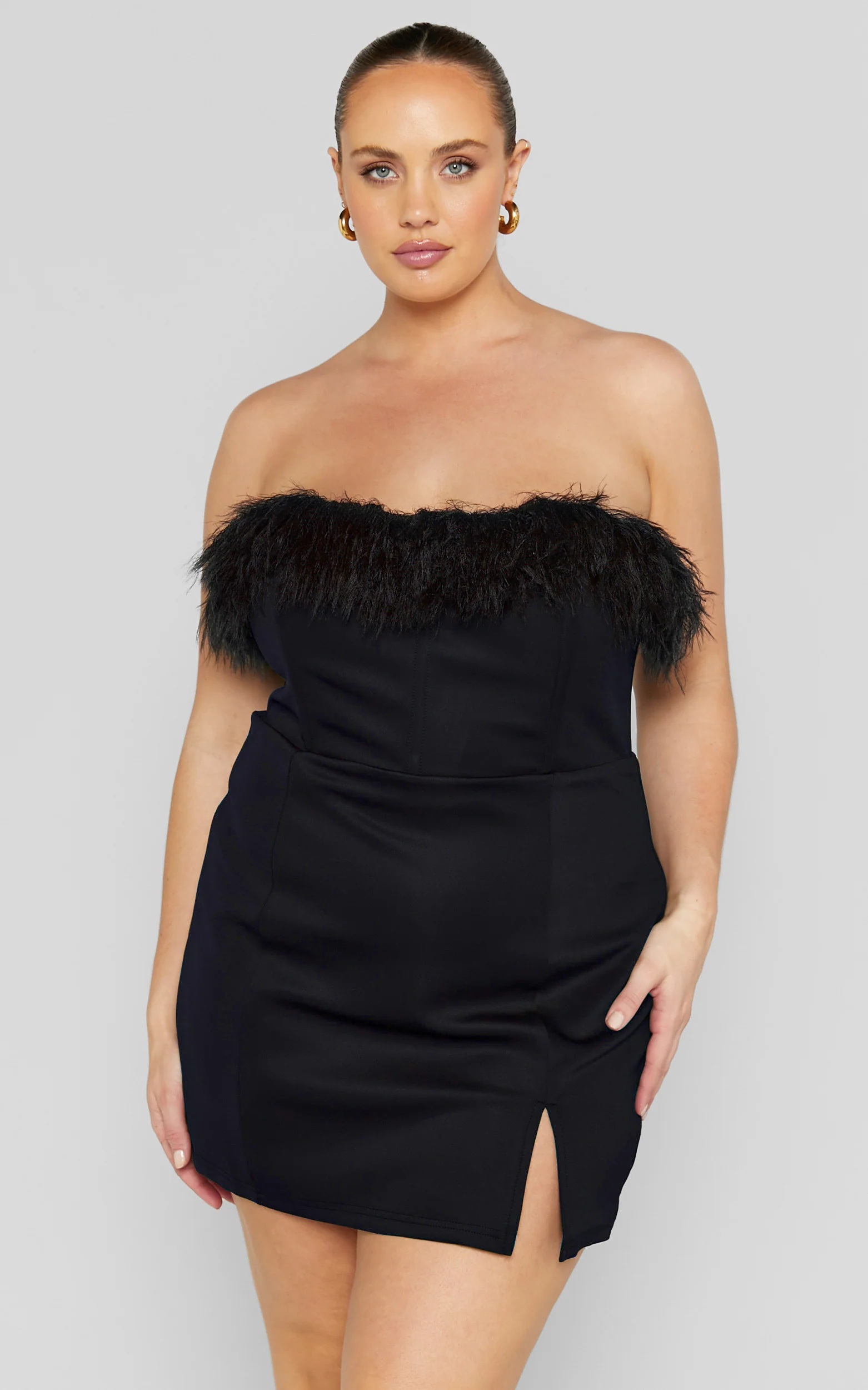 Rhaiza Mini Dress - Faux Feather Trim Strapless Dress in Black - Image 4