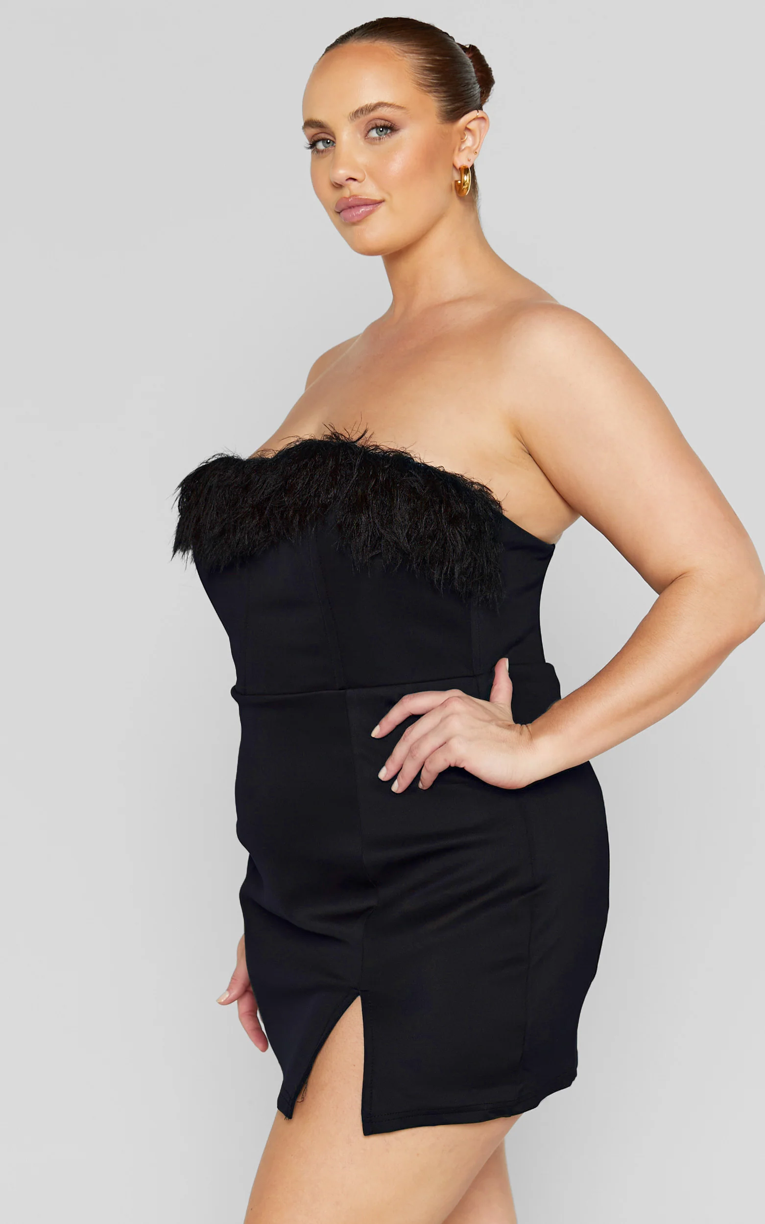 Rhaiza Mini Dress - Faux Feather Trim Strapless Dress in Black - Image 6