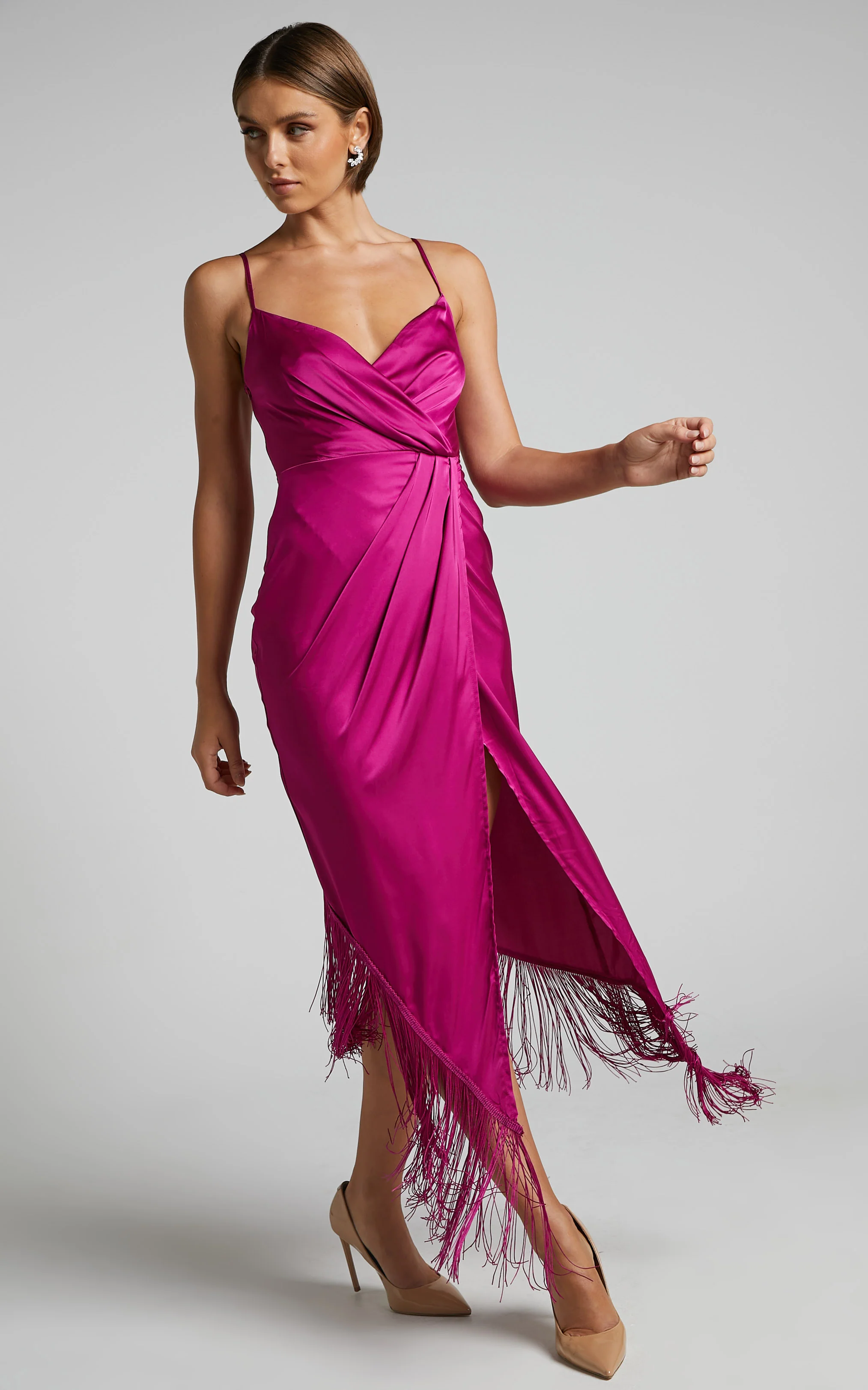 Rholie Midi Dress - Plunge Neck Fringe Hem Fixed Wrap Dress in Pink - Image 5