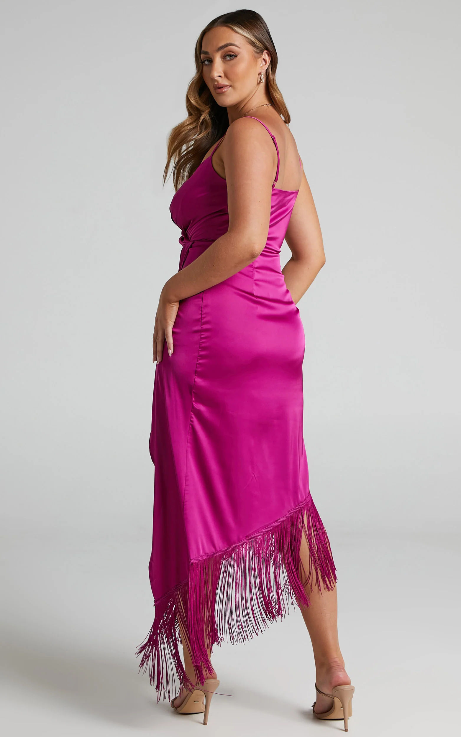 Rholie Midi Dress - Plunge Neck Fringe Hem Fixed Wrap Dress in Pink - Image 6