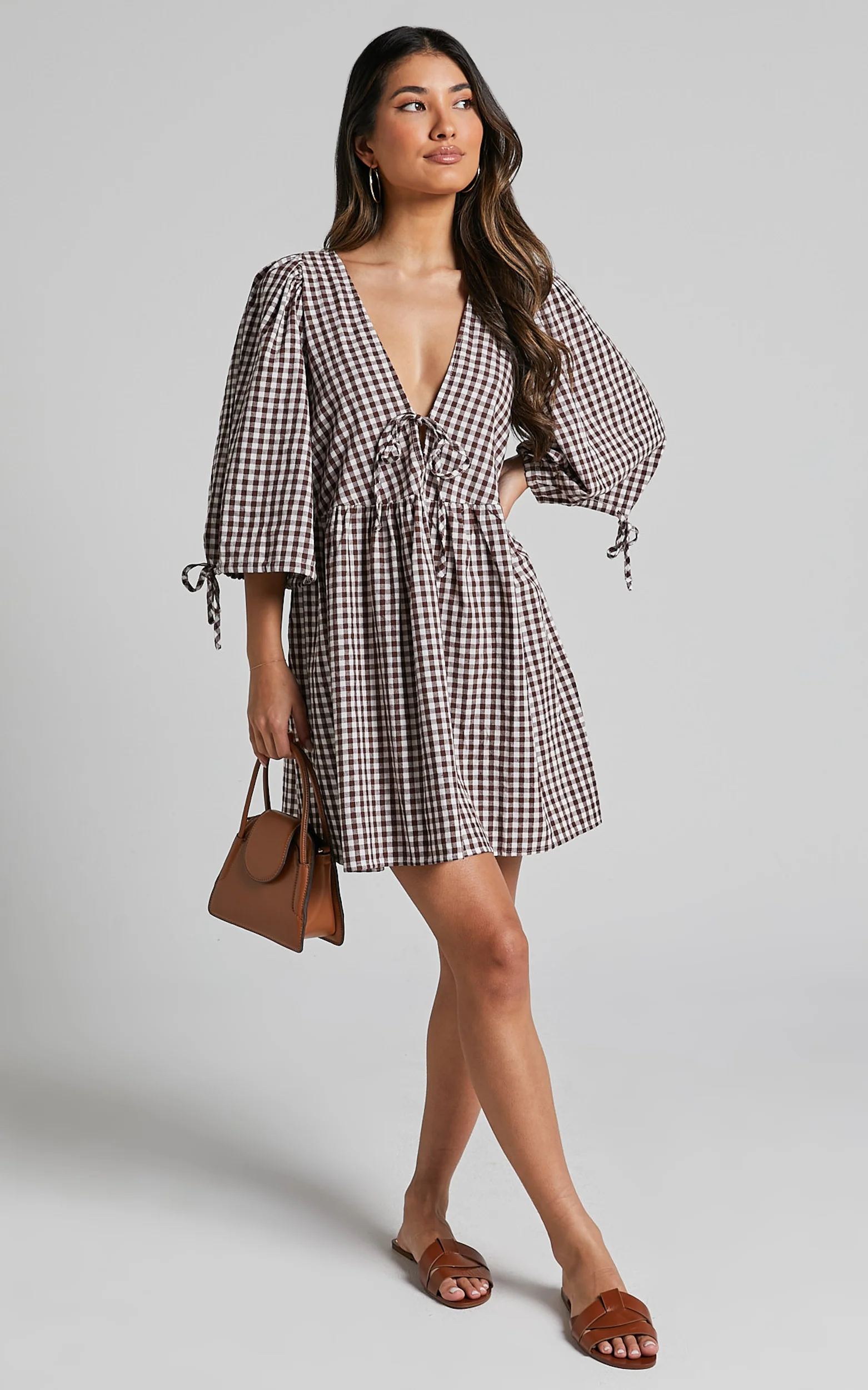 Rosita Mini Dress - Tie Front Puff Sleeve Dress in Brown and White Check - Image 3