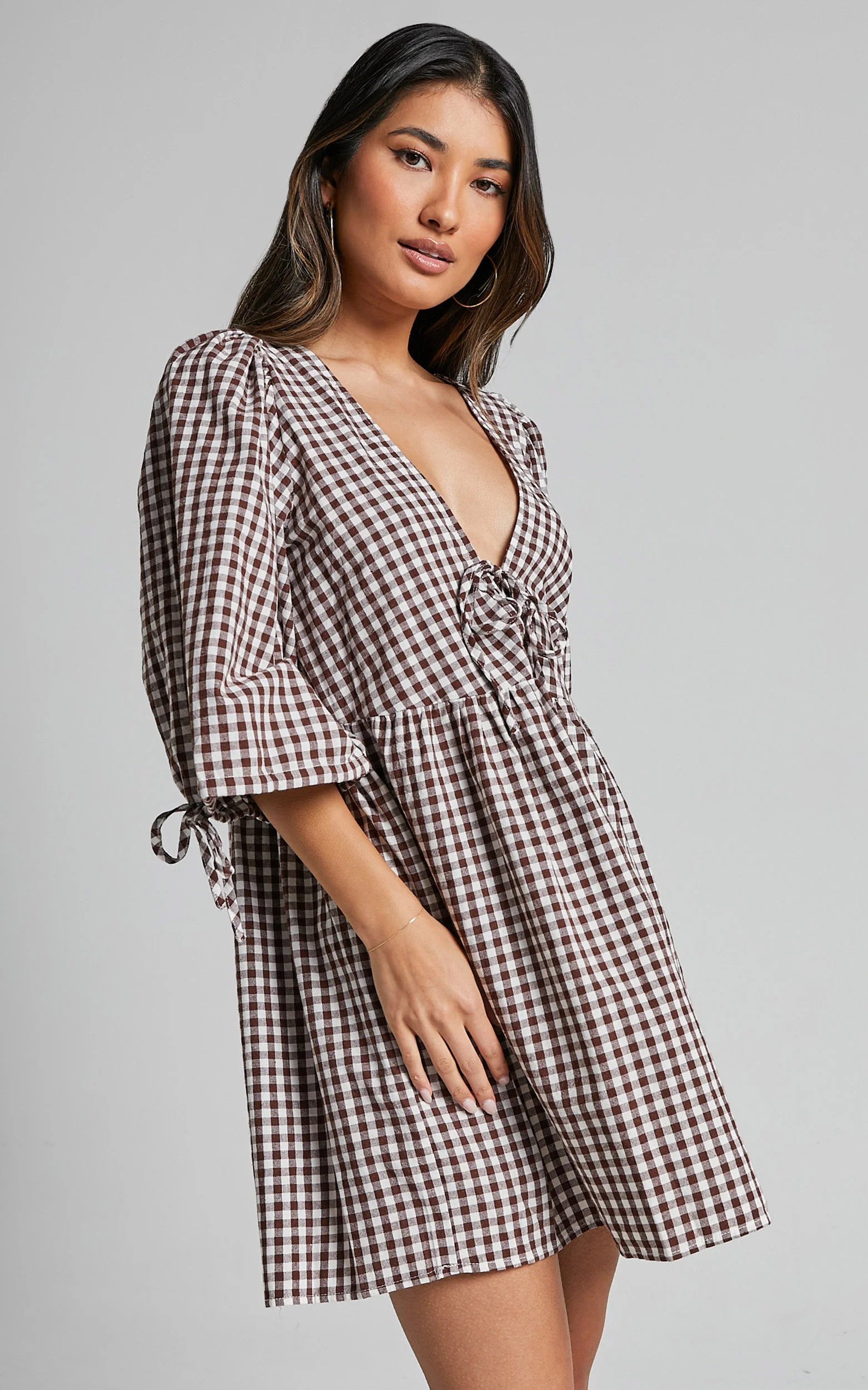 Rosita Mini Dress - Tie Front Puff Sleeve Dress in Brown and White Check - Image 5