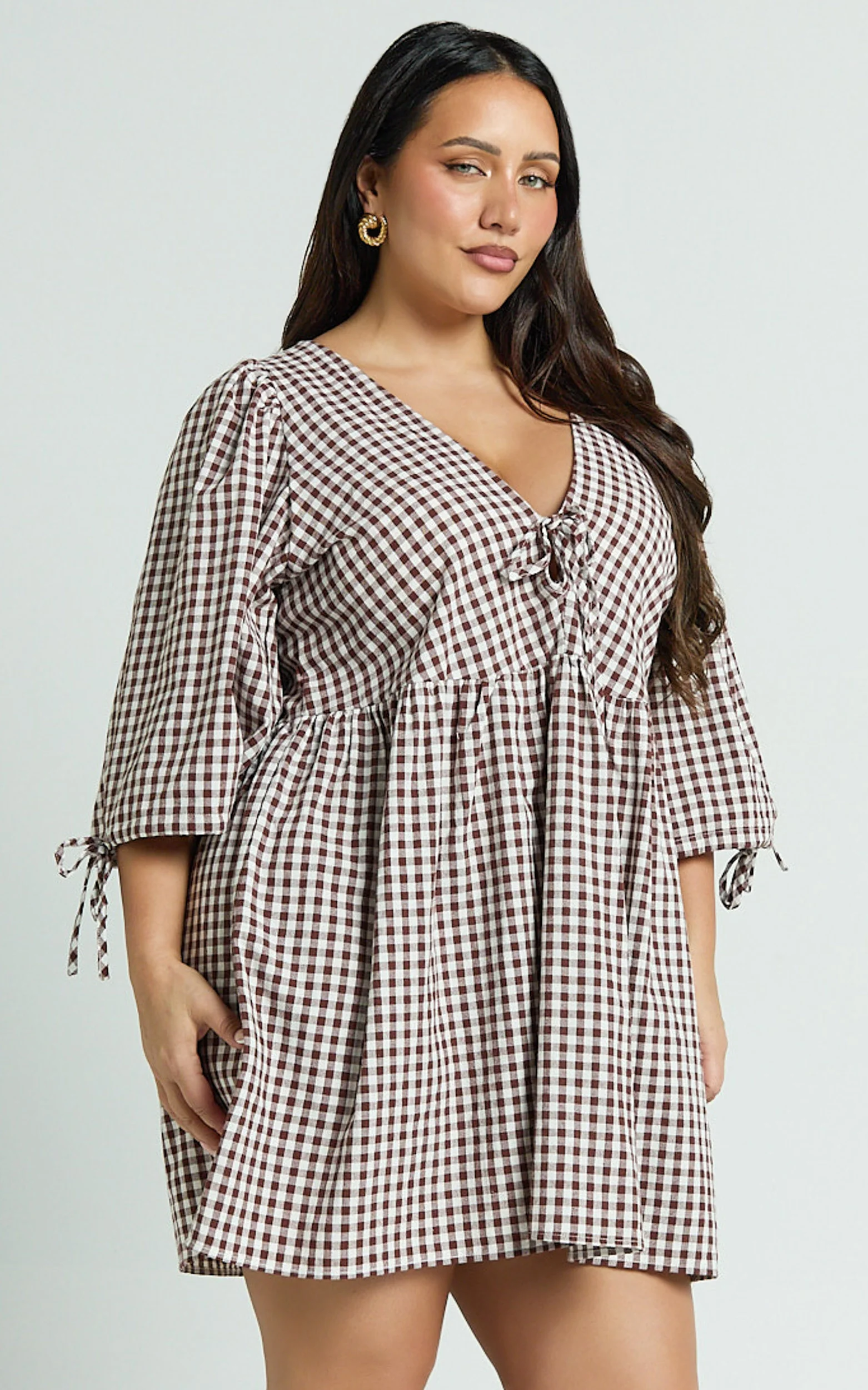 Rosita Mini Dress - Tie Front Puff Sleeve Dress in Brown and White Check - Image 6