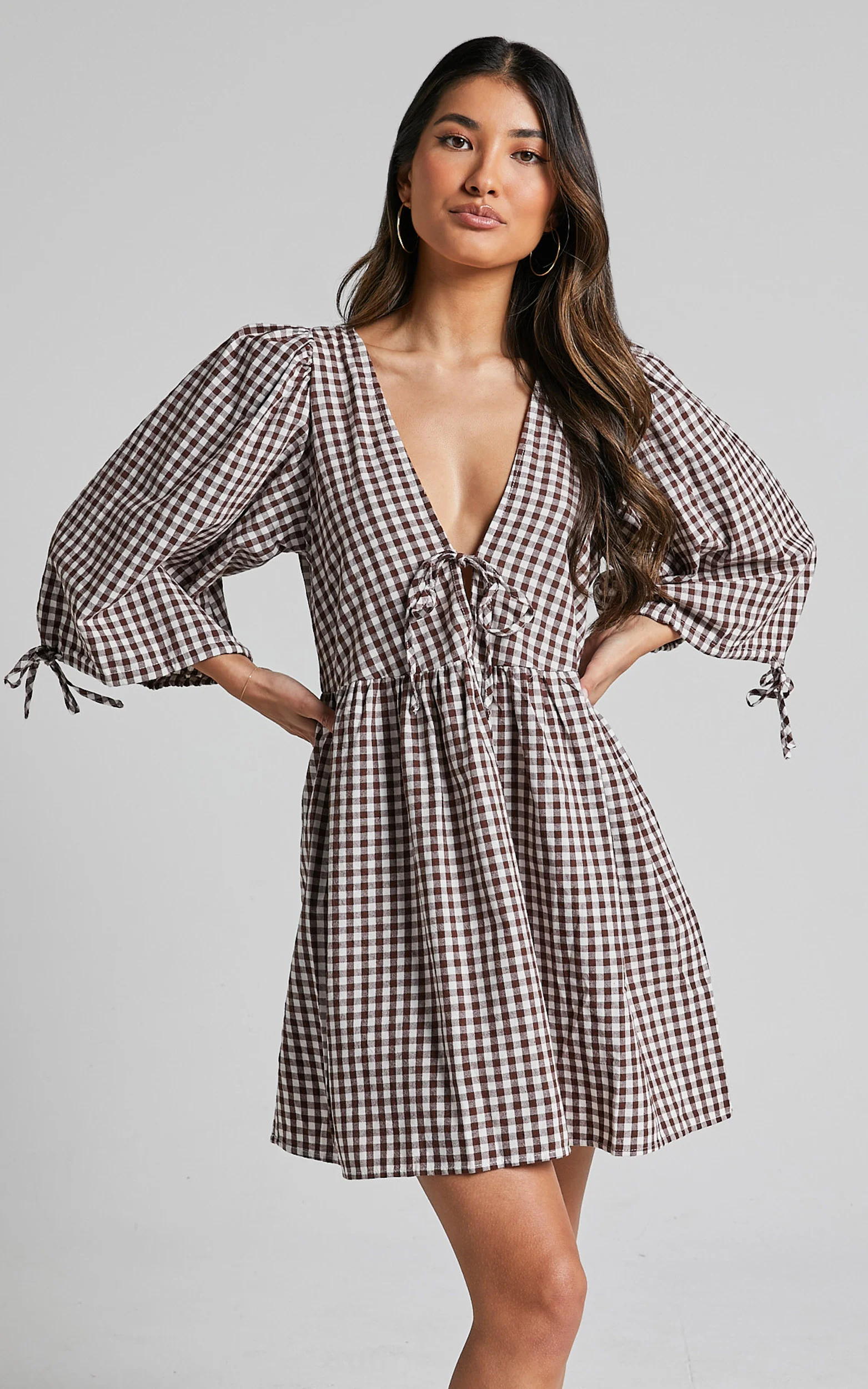 Rosita Mini Dress - Tie Front Puff Sleeve Dress in Brown and White Check - Image 7