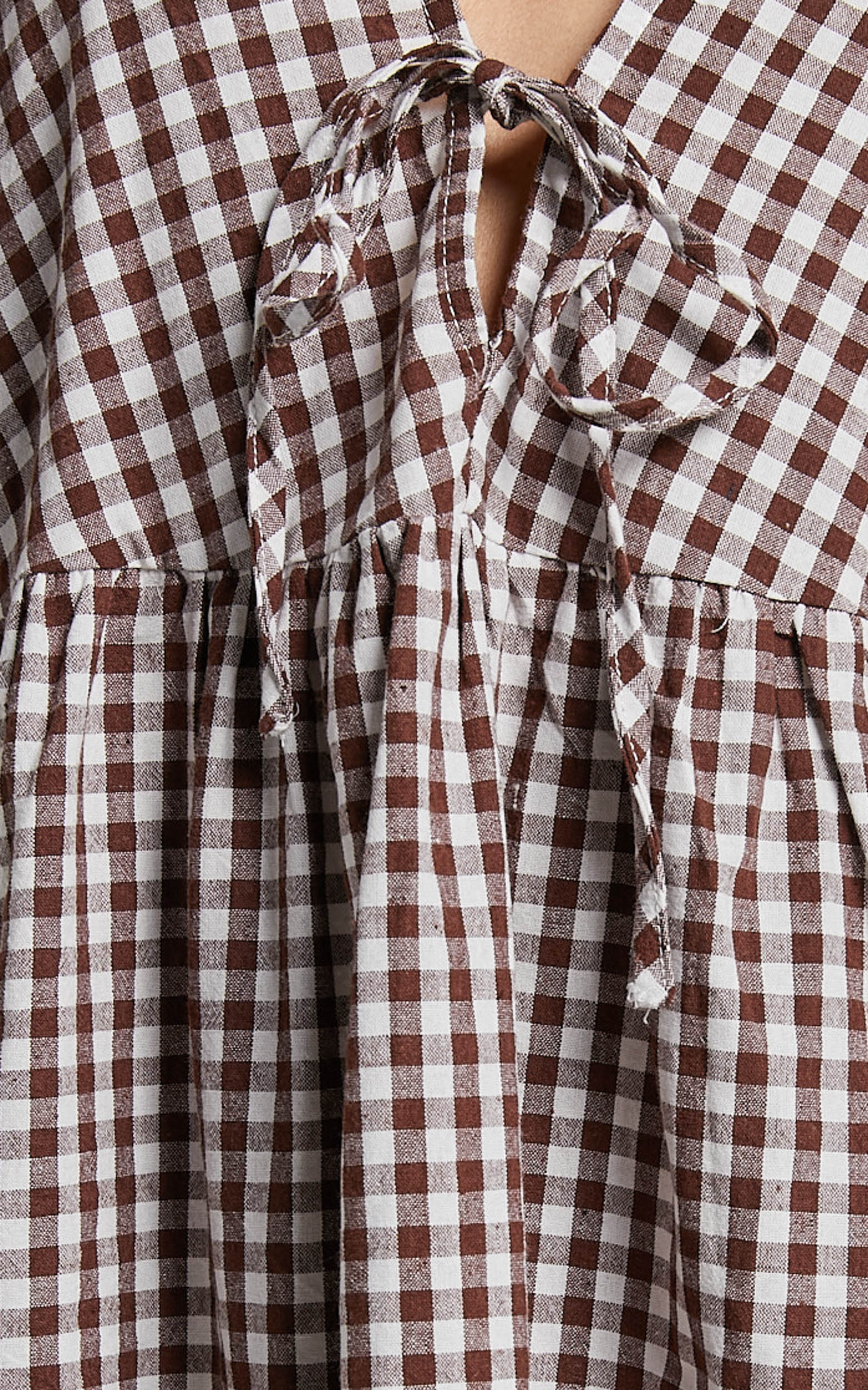 Rosita Mini Dress - Tie Front Puff Sleeve Dress in Brown and White Check - Image 9