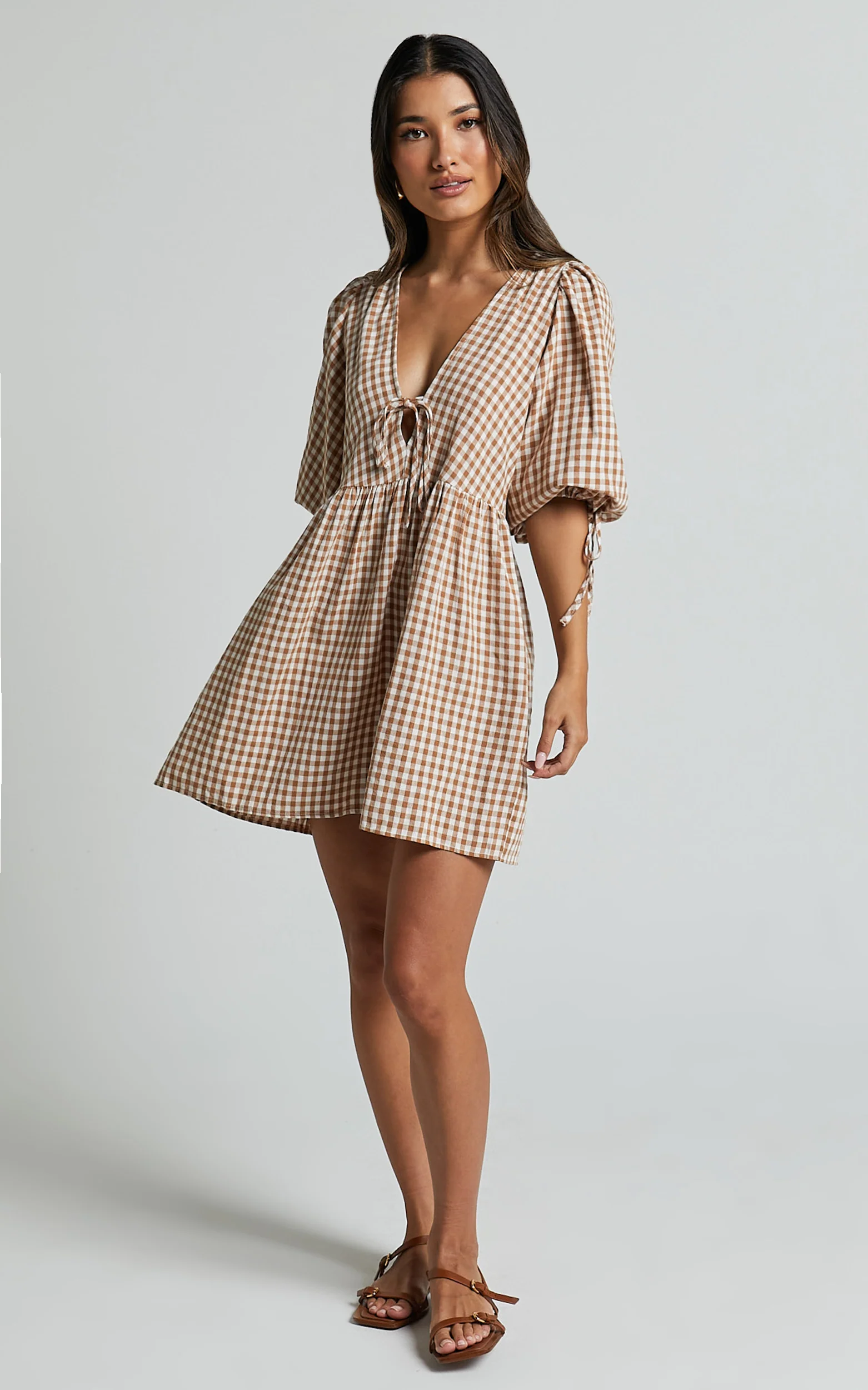 Rosita Mini Dress - Tie Front Puff Sleeve Dress in Caramel & White Gingham - Image 3