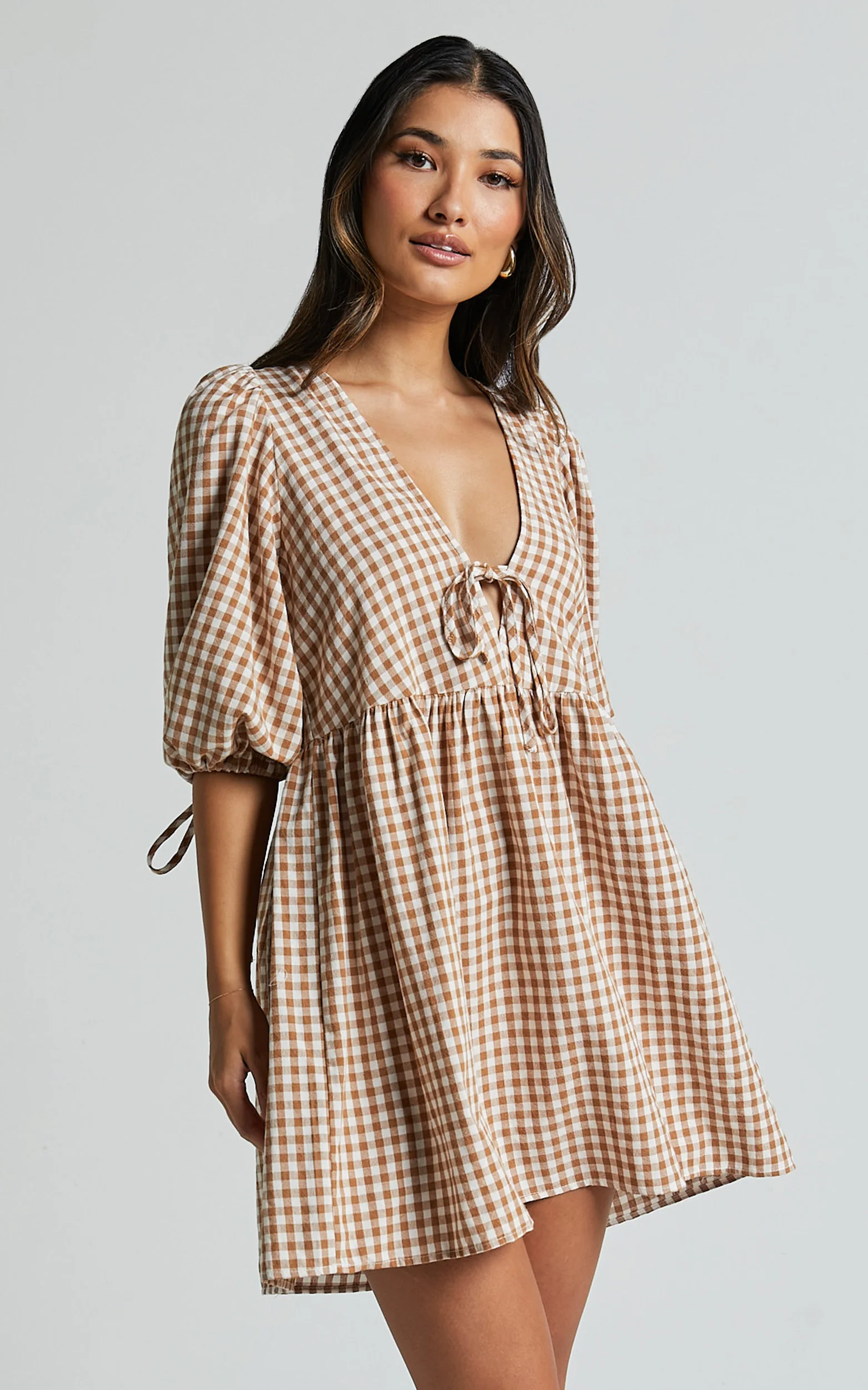 Rosita Mini Dress - Tie Front Puff Sleeve Dress in Caramel & White Gingham - Image 5
