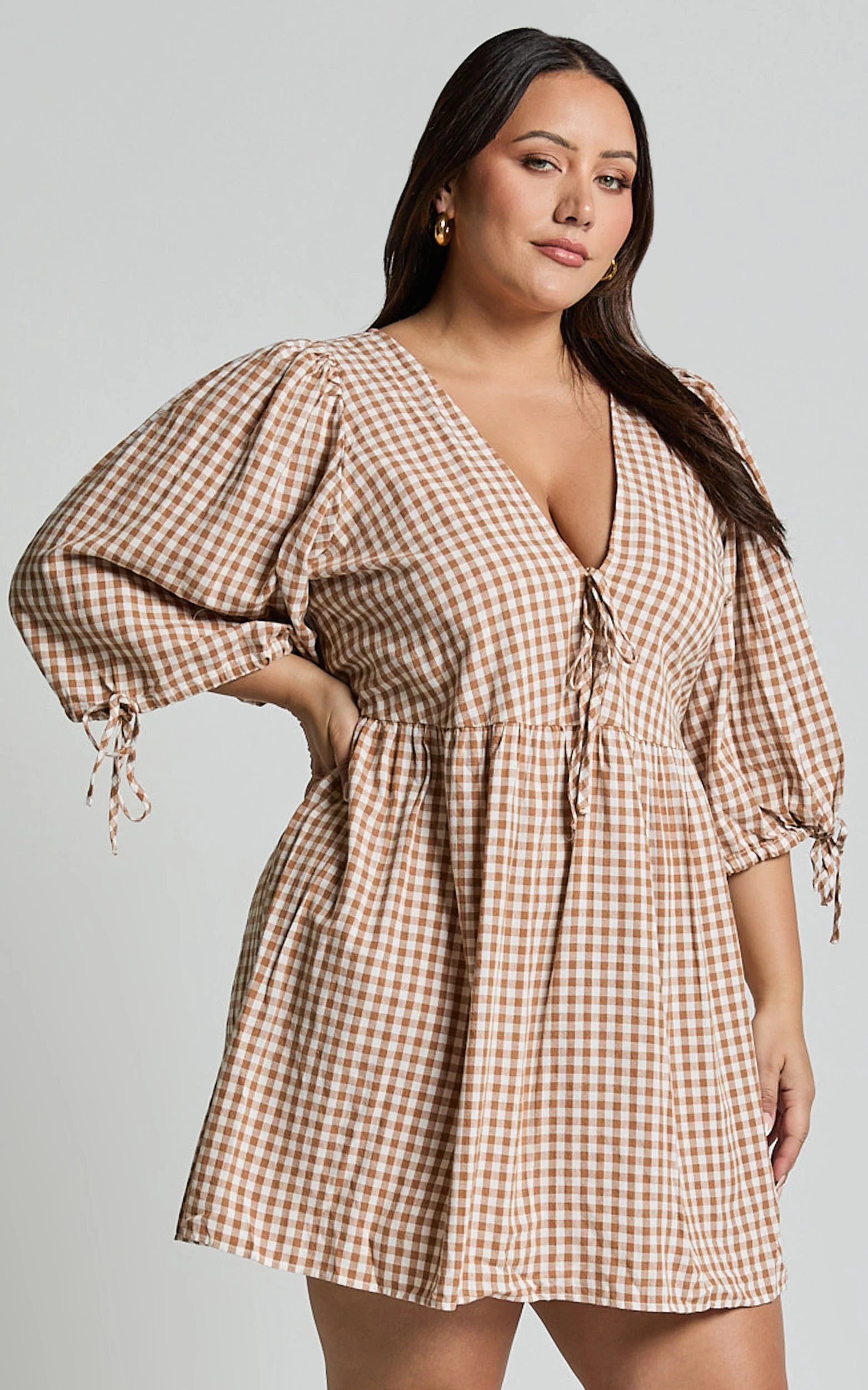 Rosita Mini Dress - Tie Front Puff Sleeve Dress in Caramel & White Gingham - Image 6