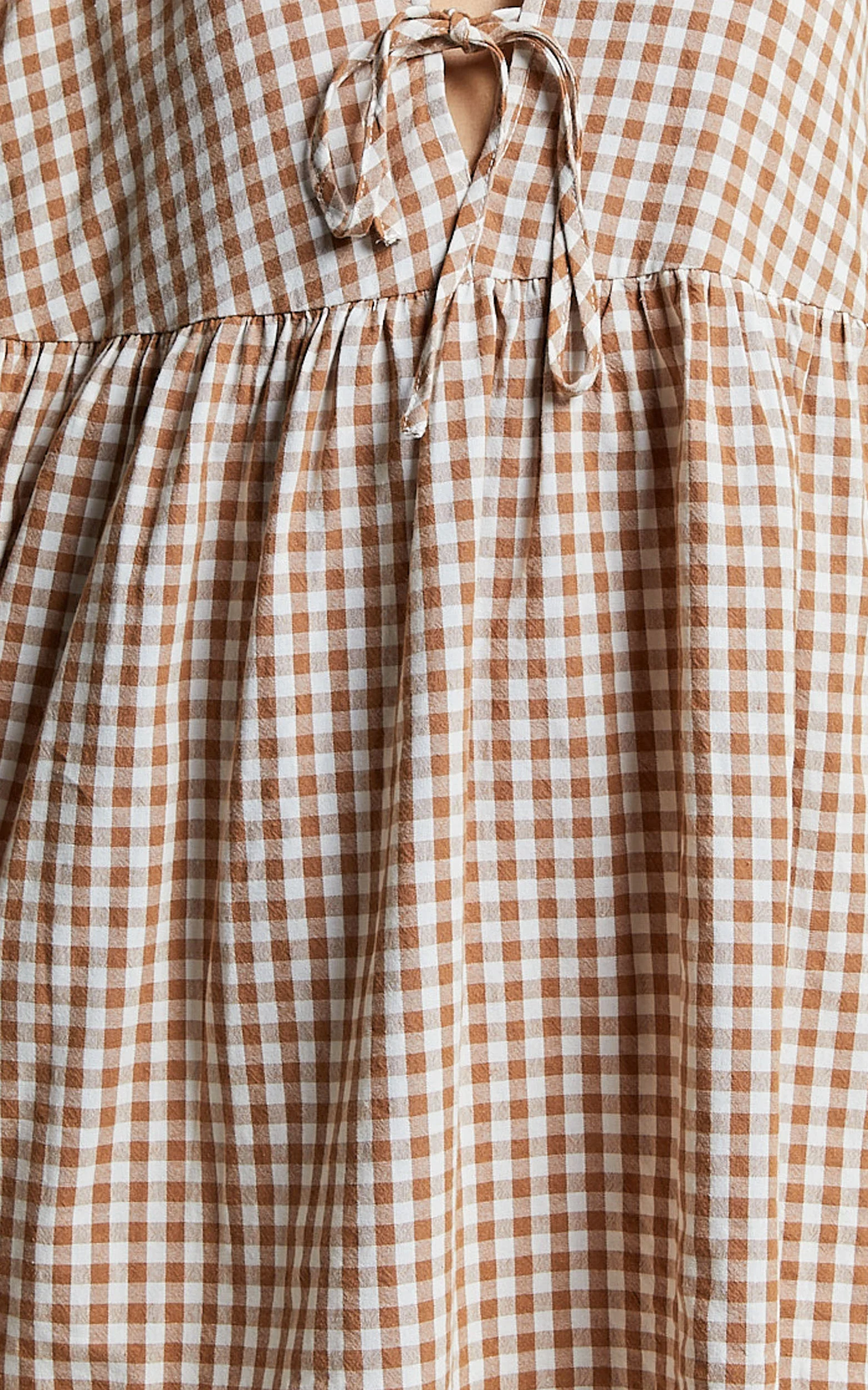 Rosita Mini Dress - Tie Front Puff Sleeve Dress in Caramel & White Gingham - Image 8