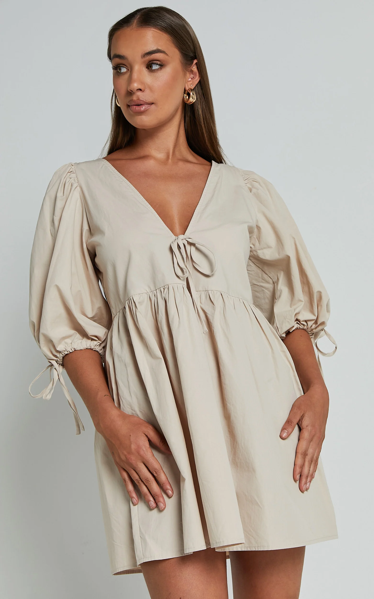 Rosita Mini Dress - Tie Front Puff Sleeve Dress in Stone - Image 3