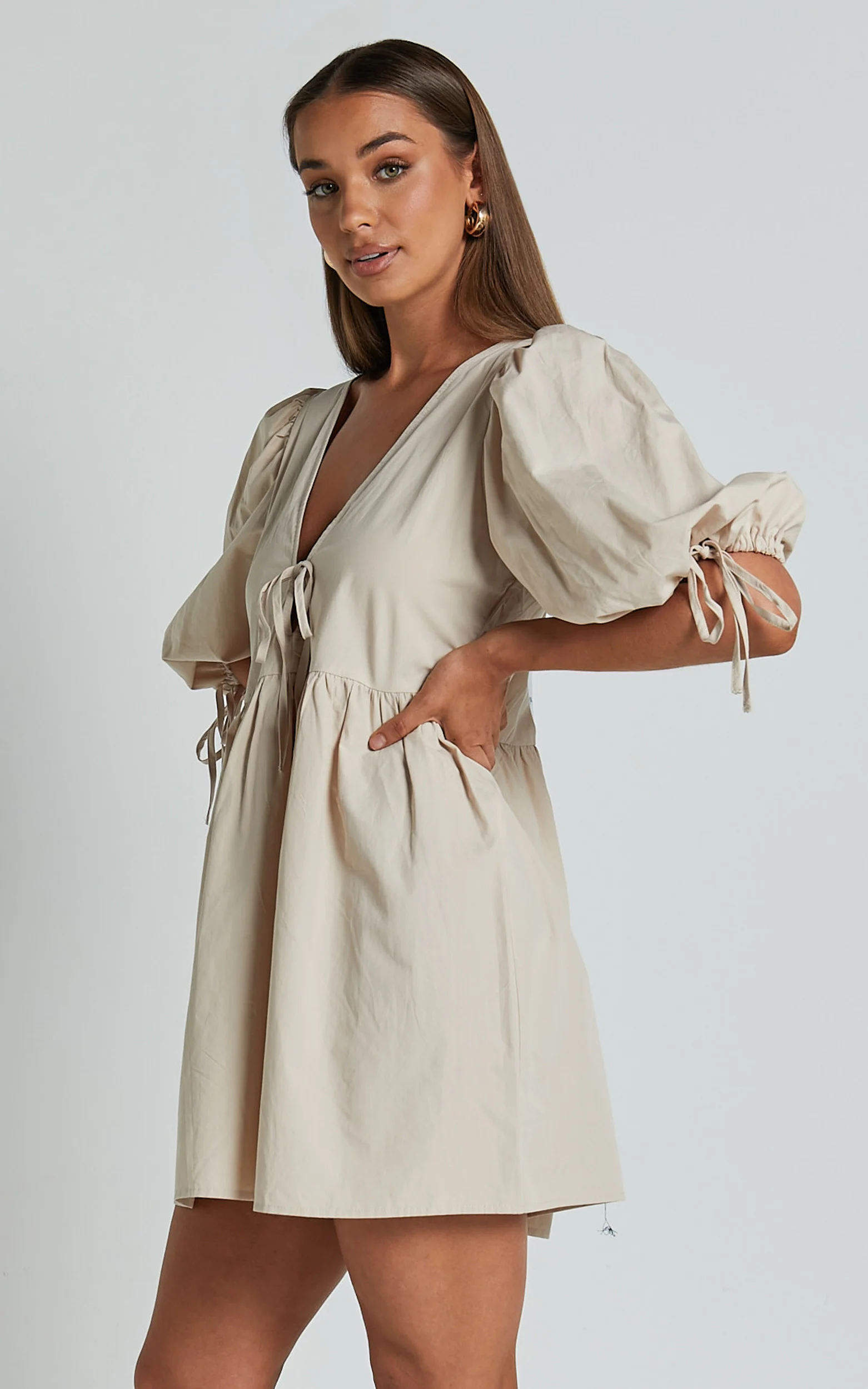 Rosita Mini Dress - Tie Front Puff Sleeve Dress in Stone - Image 4