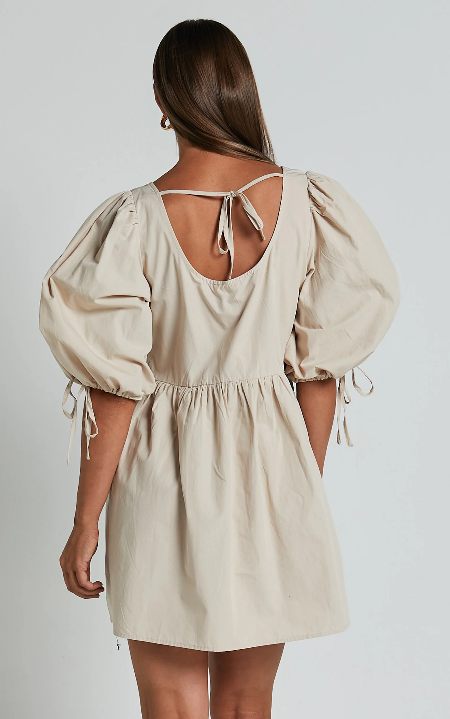 Rosita Mini Dress - Tie Front Puff Sleeve Dress in Stone - Image 5