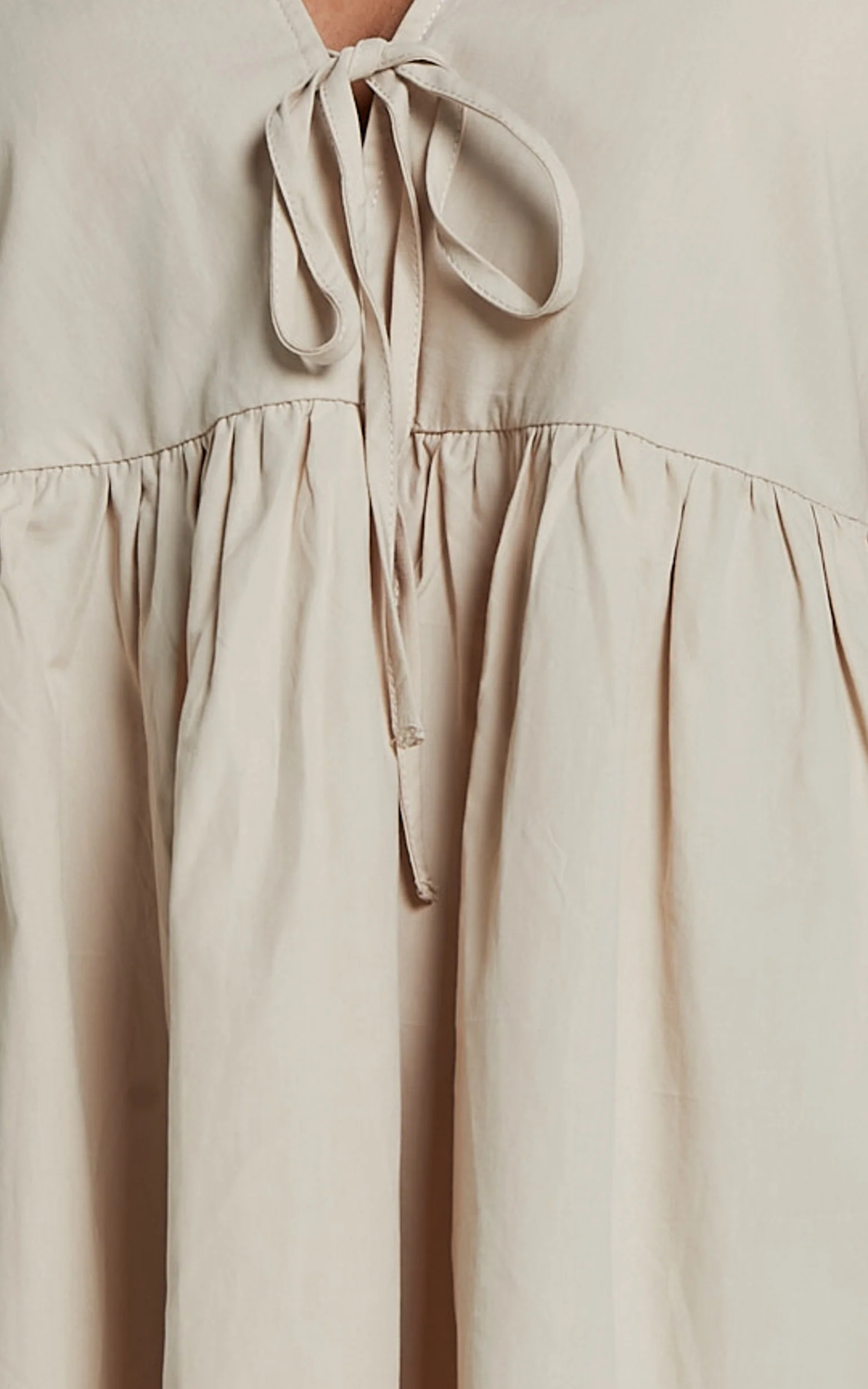 Rosita Mini Dress - Tie Front Puff Sleeve Dress in Stone - Image 6