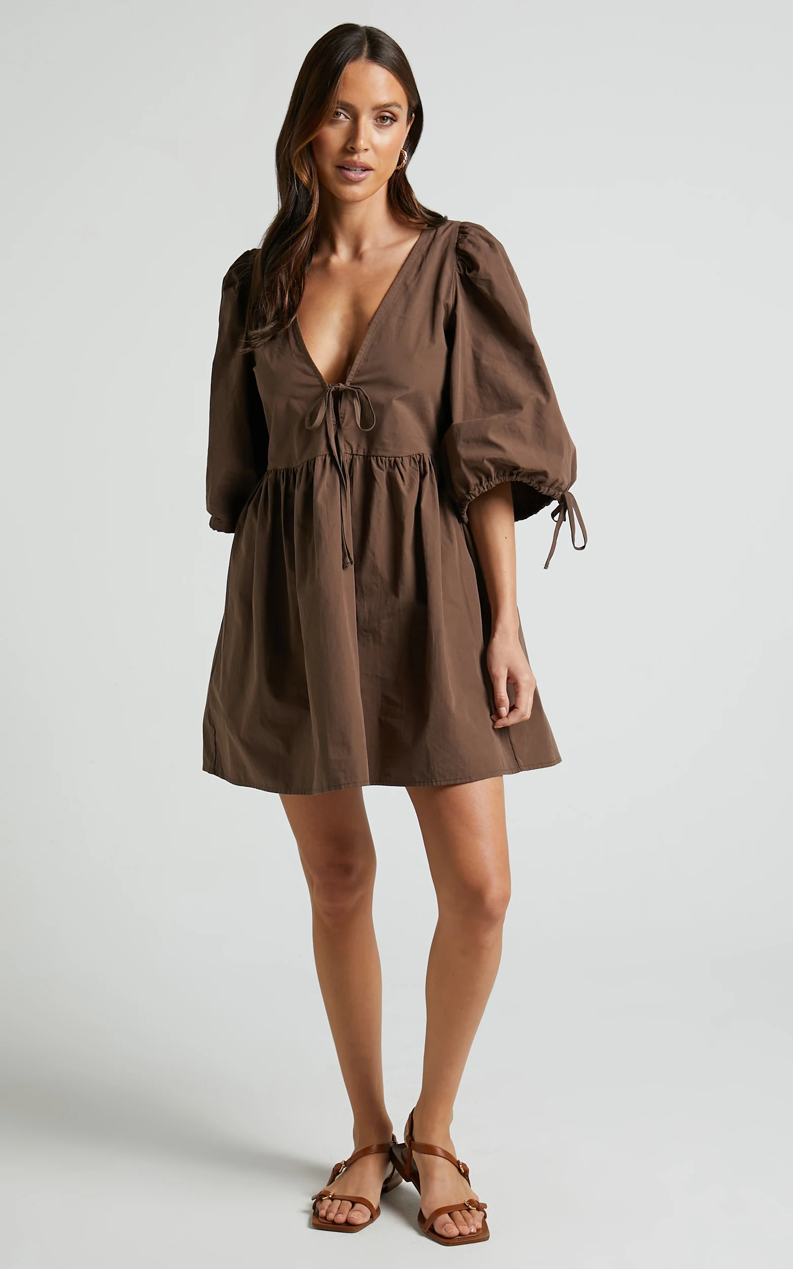Rosita Mini Dress - Tie Front Puff Sleeve Dress in Chocolate - Image 3