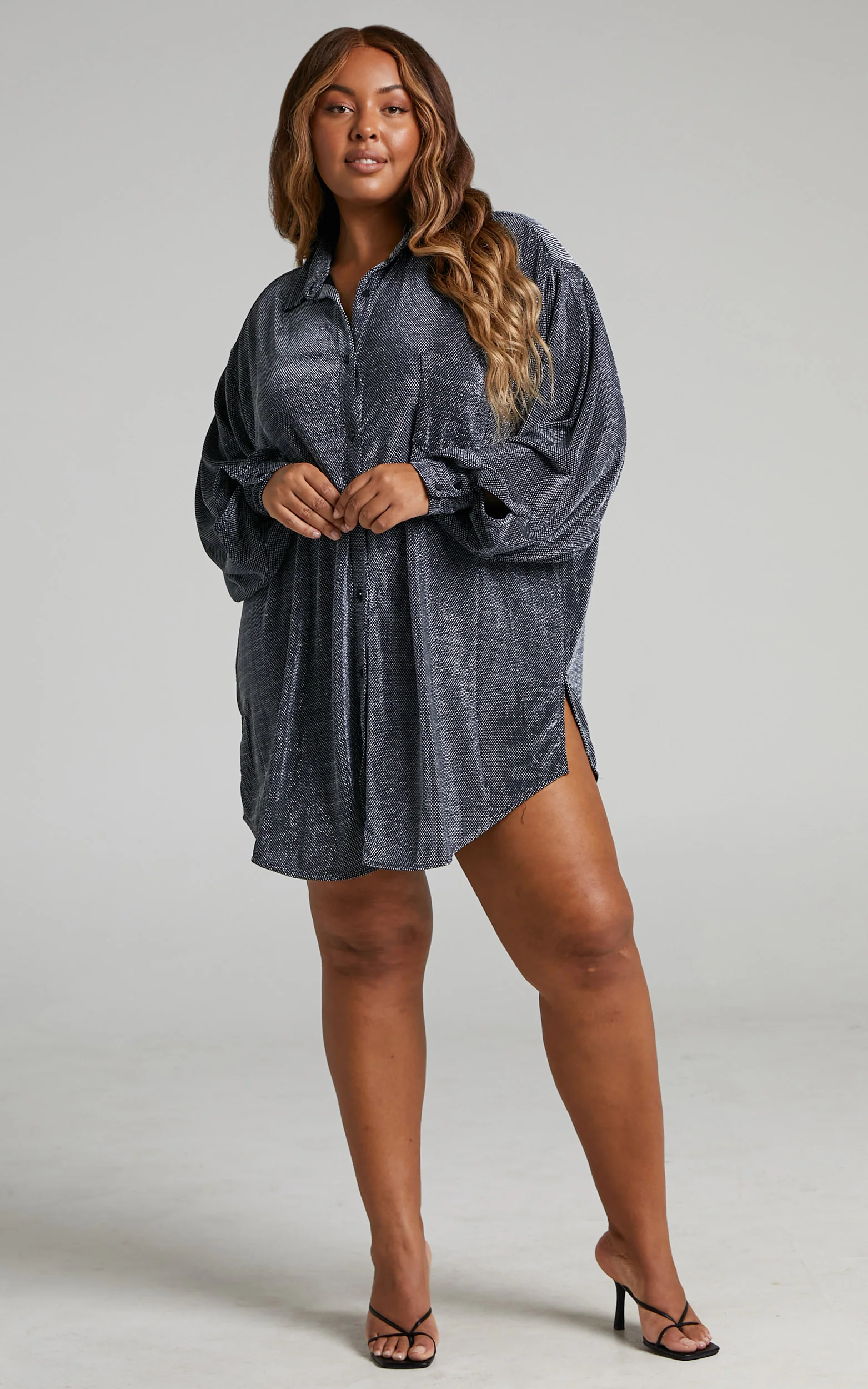 Ruri Mini Dress - Sparkly Oversized Shirt Dress in Black and Silver - Image 5