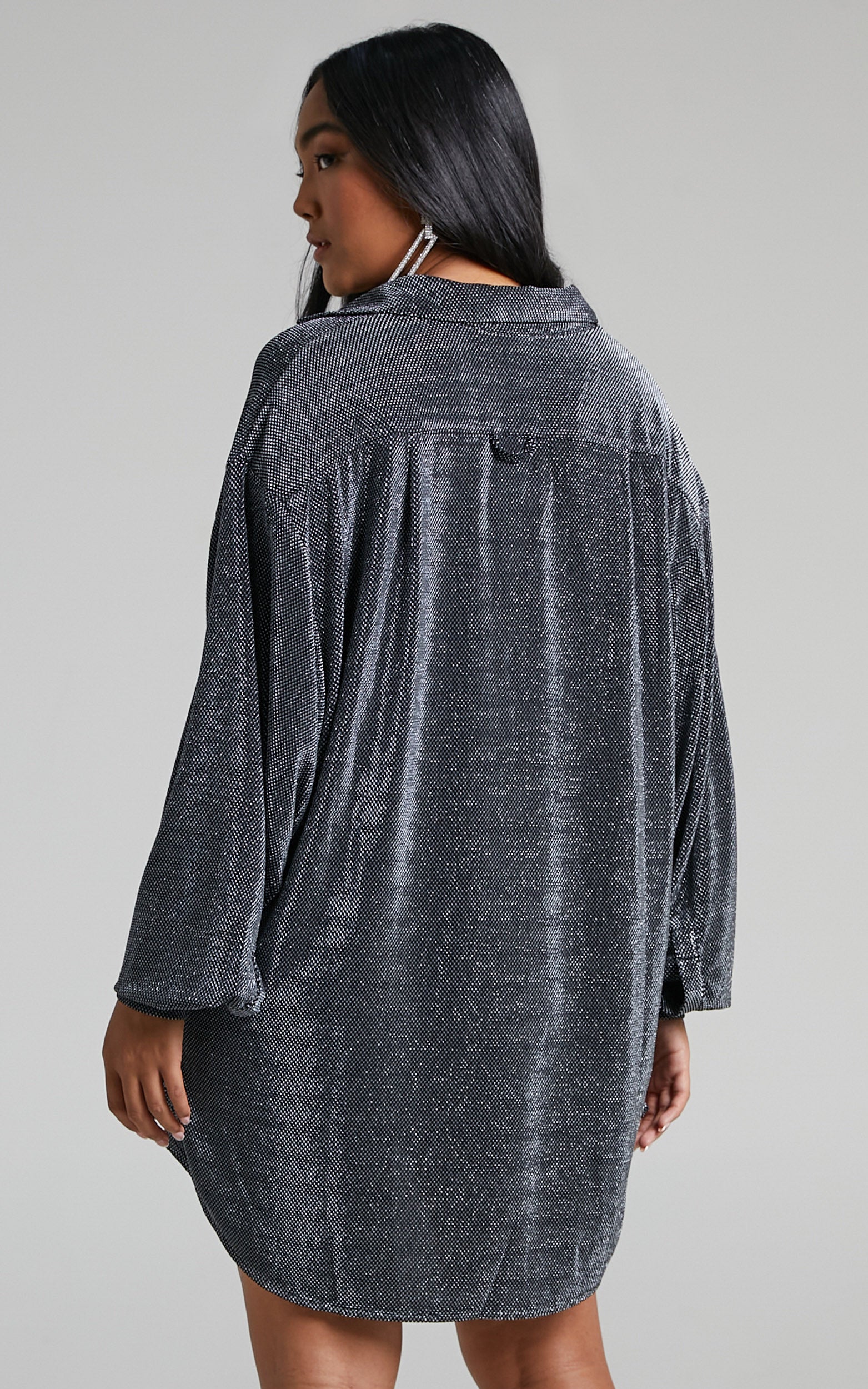 Ruri Mini Dress - Sparkly Oversized Shirt Dress in Black and Silver - Image 6