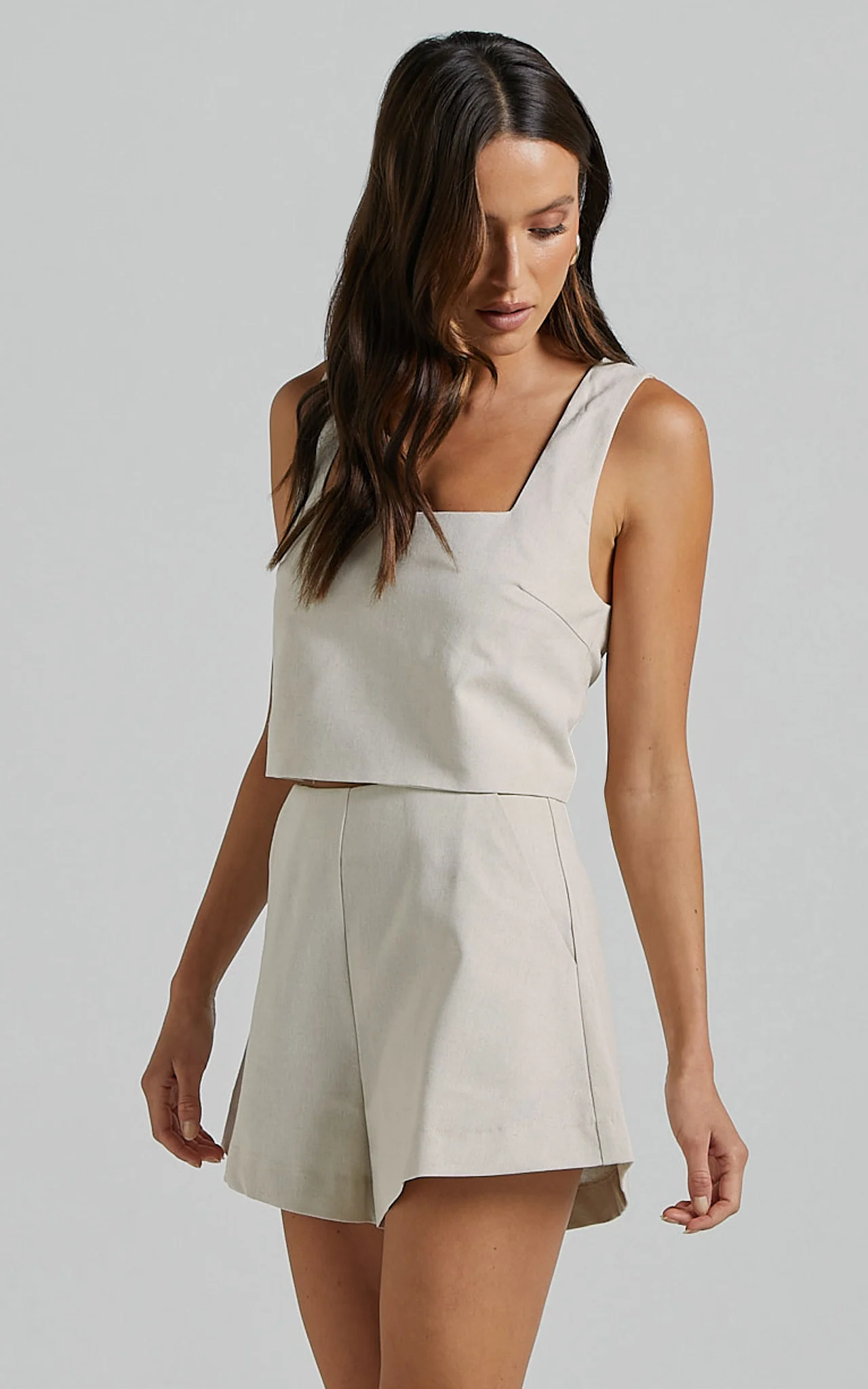 Salvador Two Piece Set - Linen Sleeveless Crop Top and High Waisted Tailored Shorts in Oatmeal - Image 4