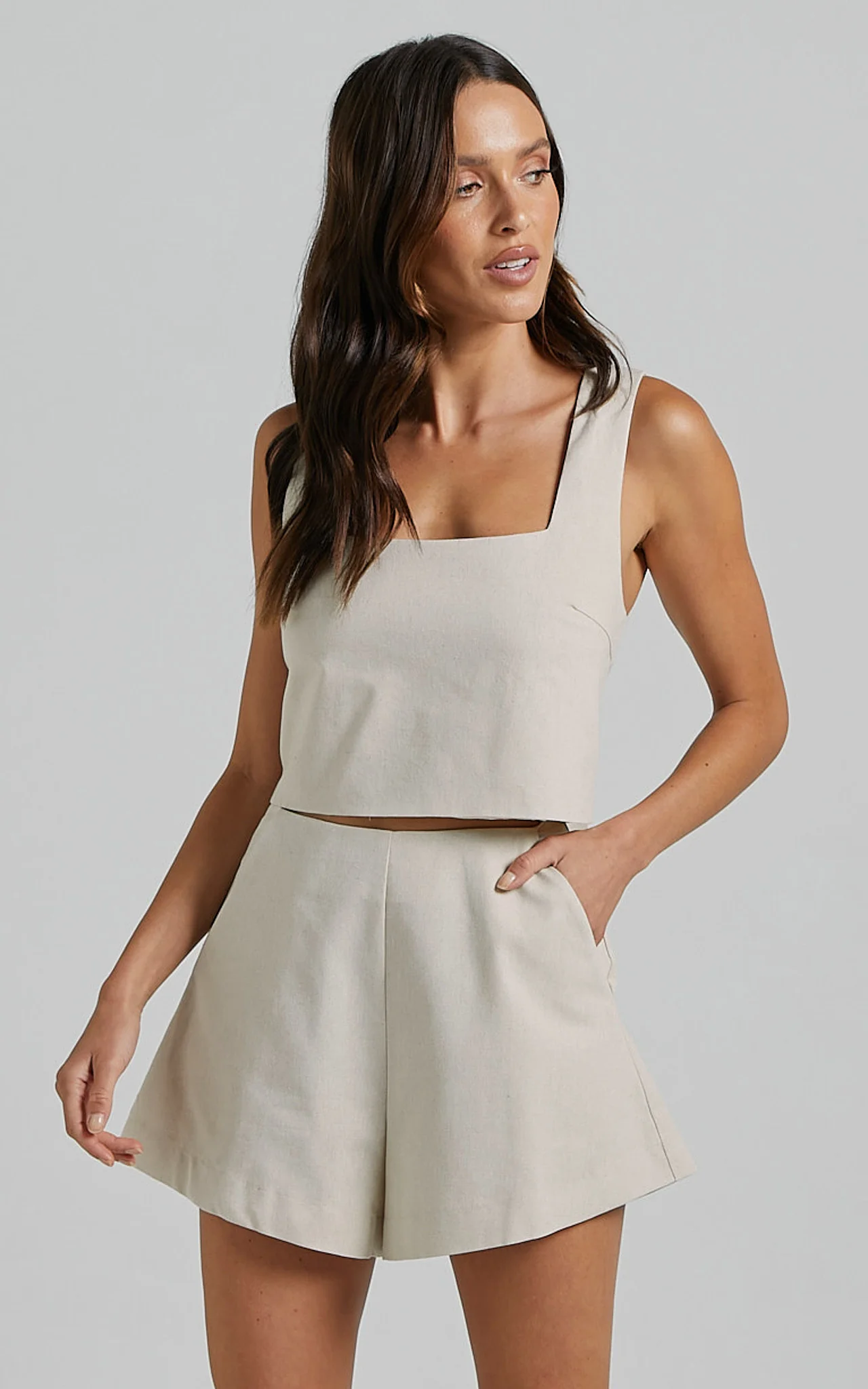 Salvador Two Piece Set - Linen Sleeveless Crop Top and High Waisted Tailored Shorts in Oatmeal - Image 5