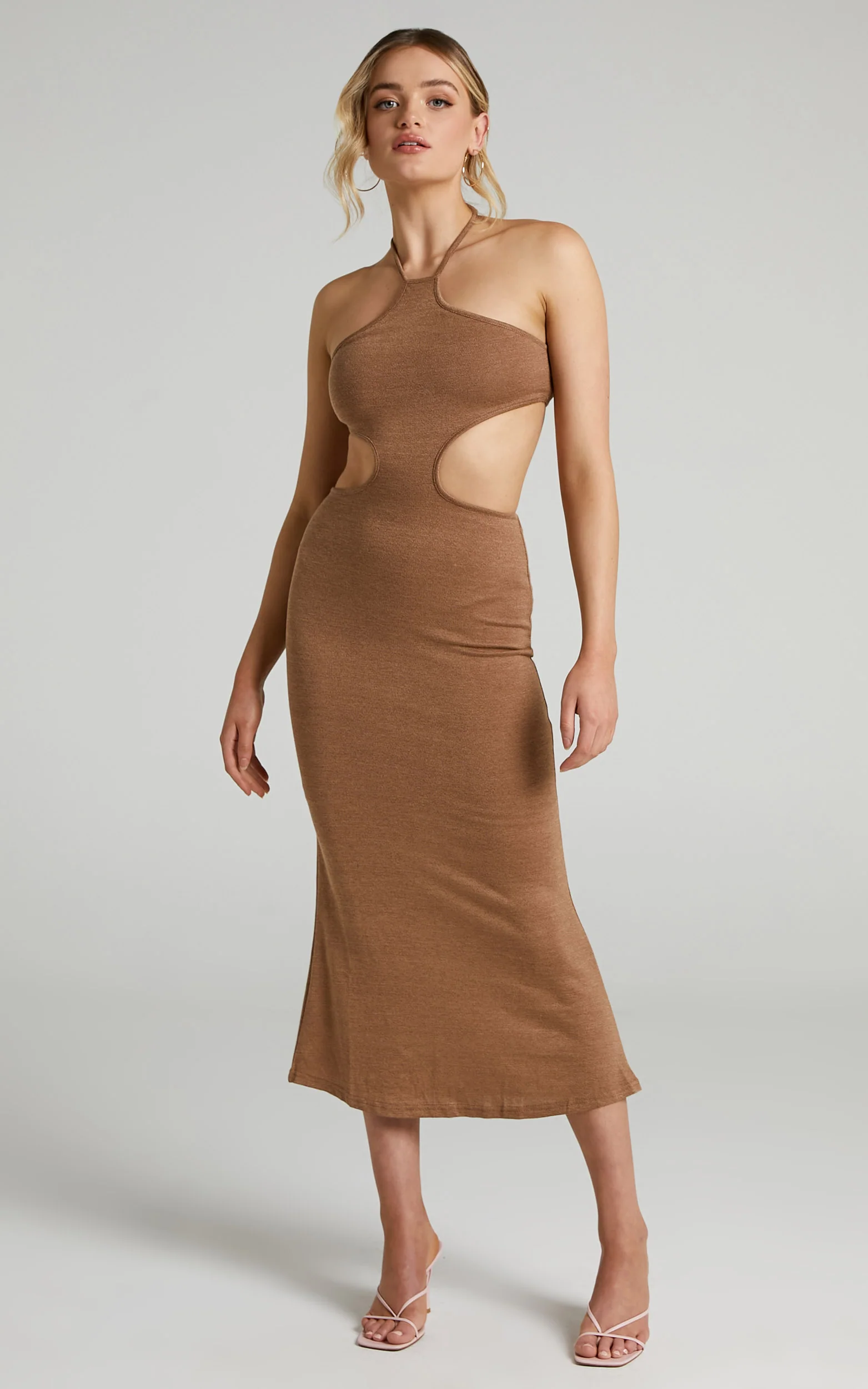 Saskia Midi Dress - Side Cut Out Dress in Chocolate - Image 3