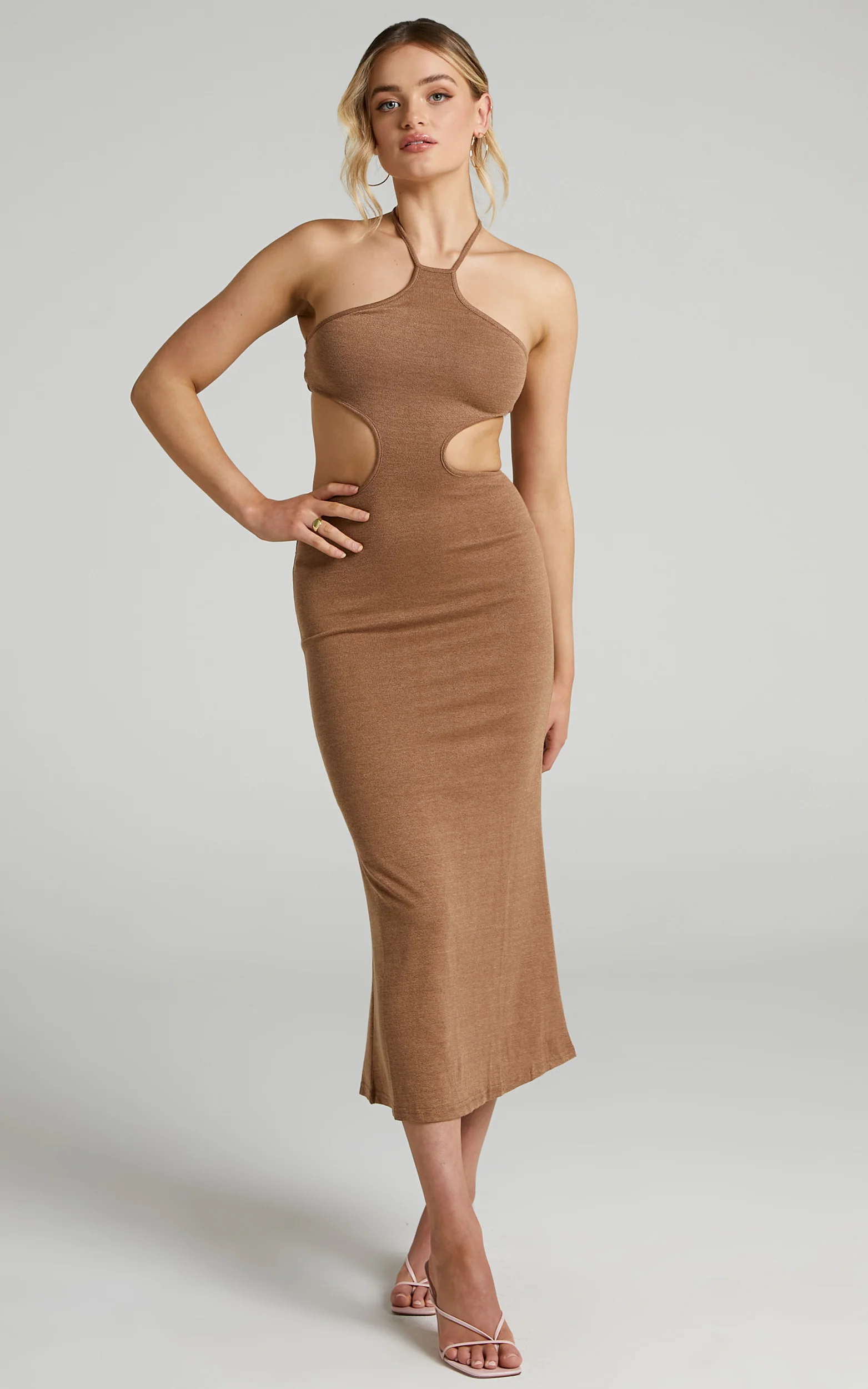 Saskia Midi Dress - Side Cut Out Dress in Chocolate - Image 5