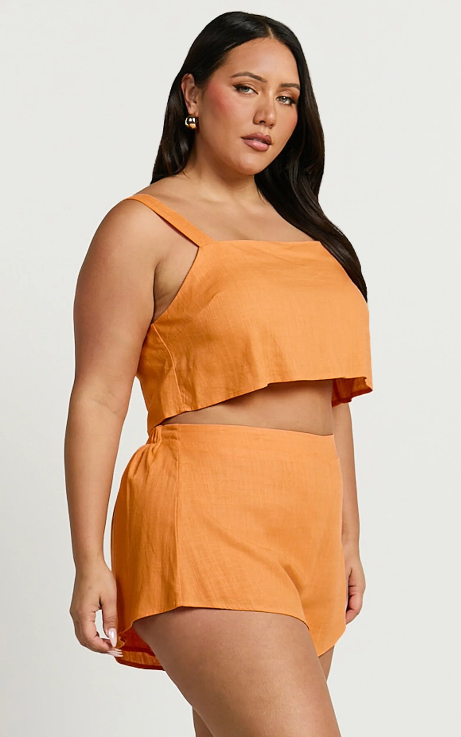 Zanrie Two Piece Set - Linen Square Neck Crop Top and High Waist Mini Flare Shorts Set in Orange - Image 6
