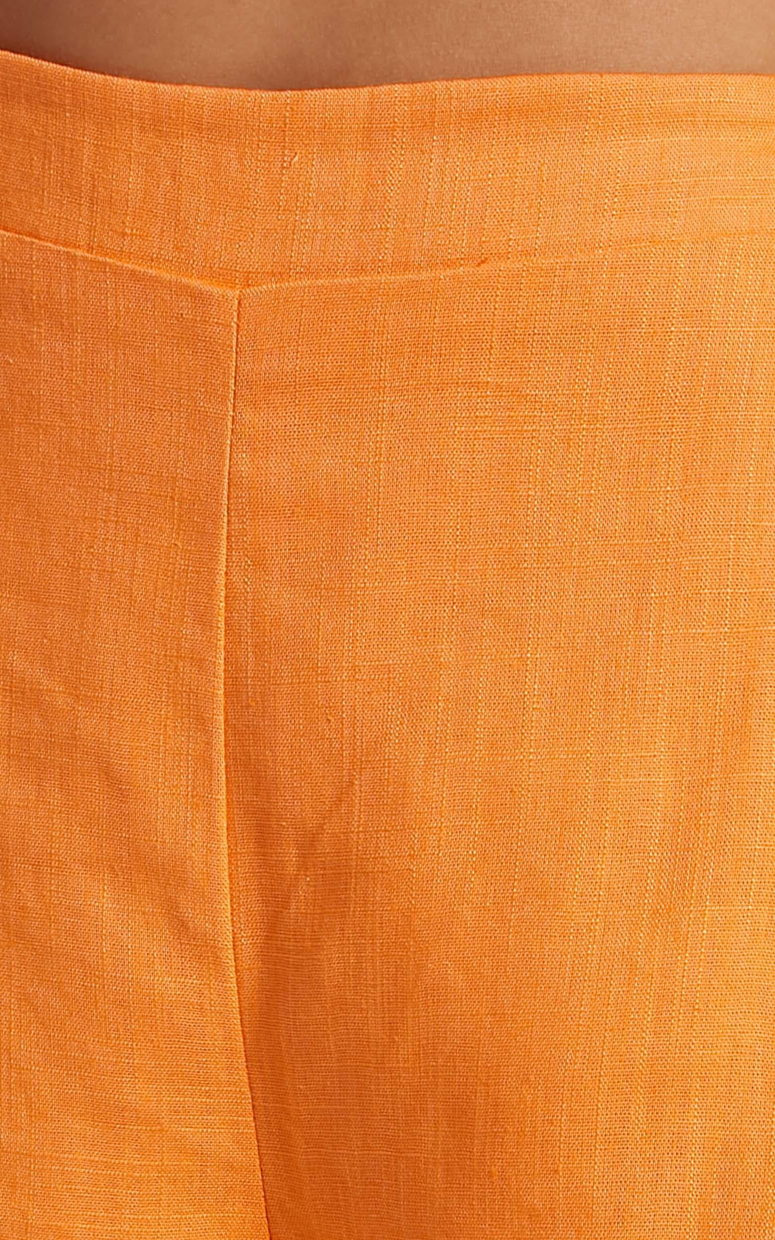 Zanrie Two Piece Set - Linen Square Neck Crop Top and High Waist Mini Flare Shorts Set in Orange - Image 9