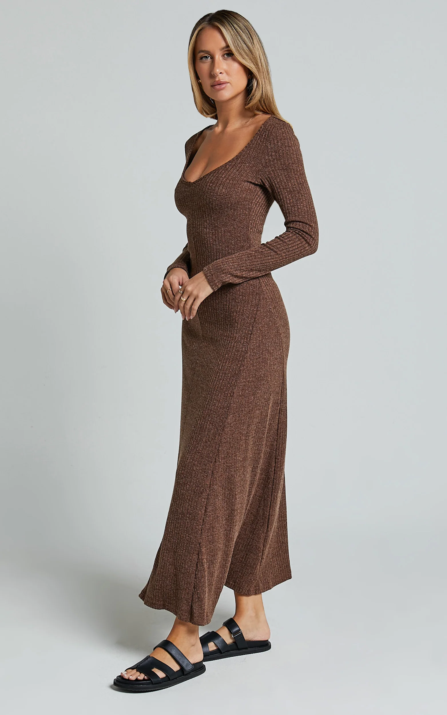 Lydia Midi Dress - V Neck Long Sleeve Knitted Dress in Chocolate - Image 5