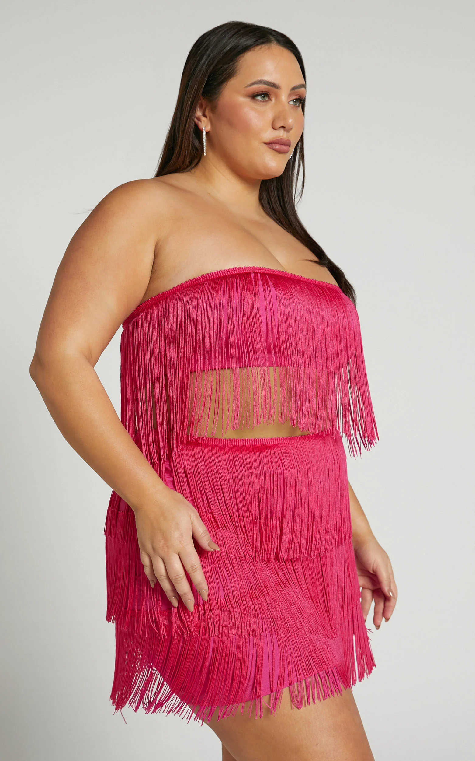 Siofra Two Piece Set - Fringe Crop Top and Mini Skirt Set in Hot Pink - Image 6