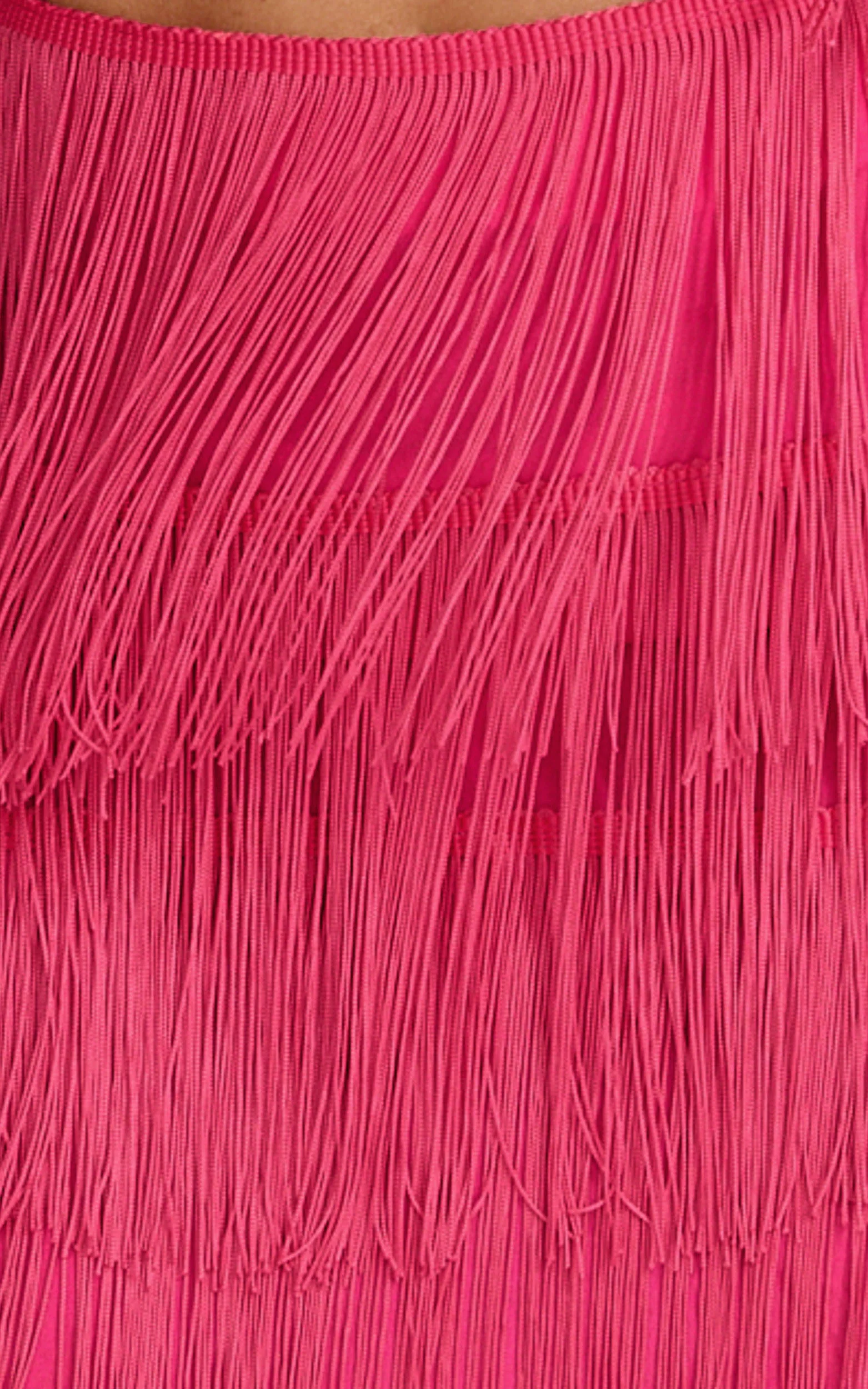 Siofra Two Piece Set - Fringe Crop Top and Mini Skirt Set in Hot Pink - Image 8
