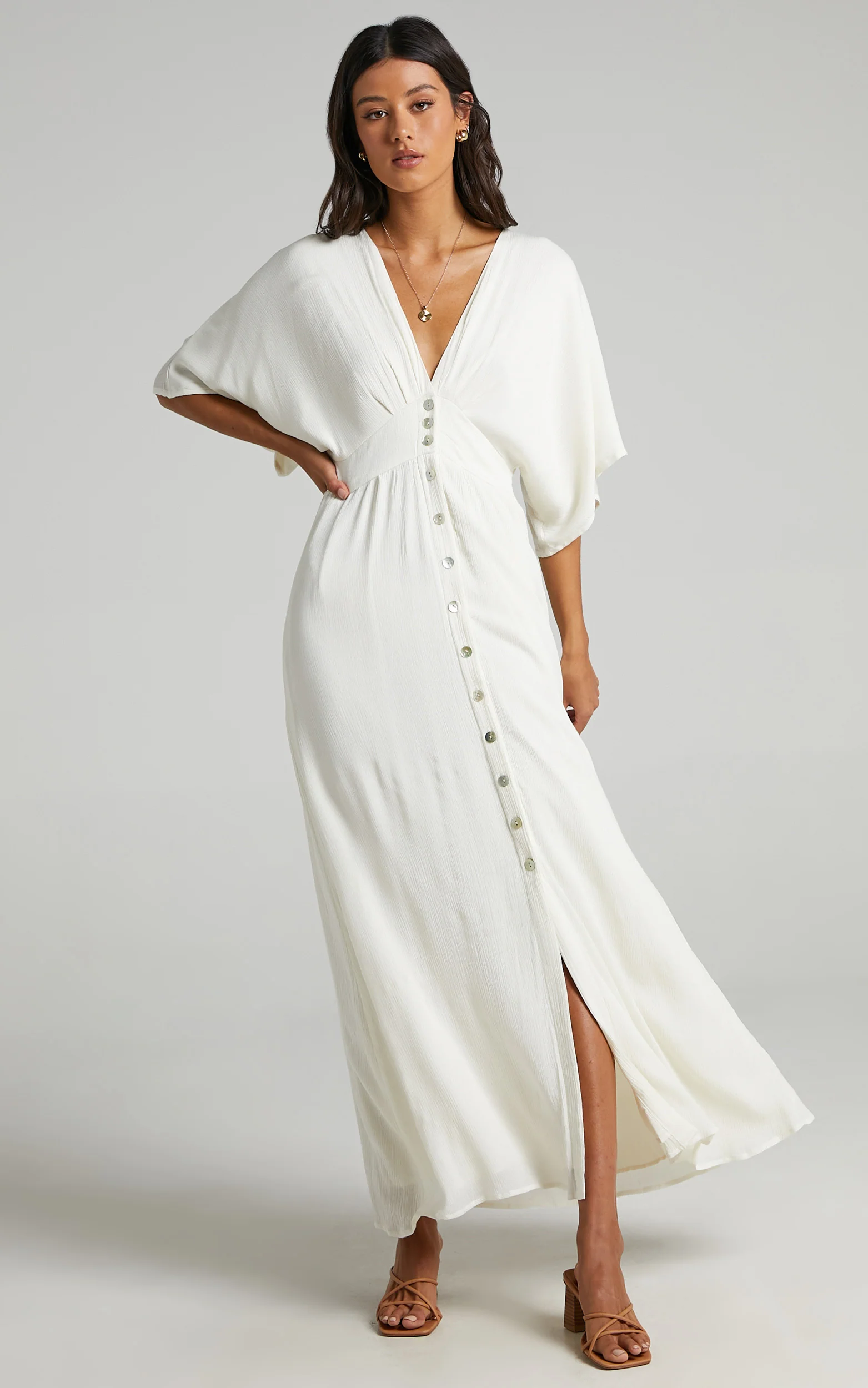 Sitting Pretty Maxi Dress - Short Sleeve Button Down Dress in Natural - Image 5