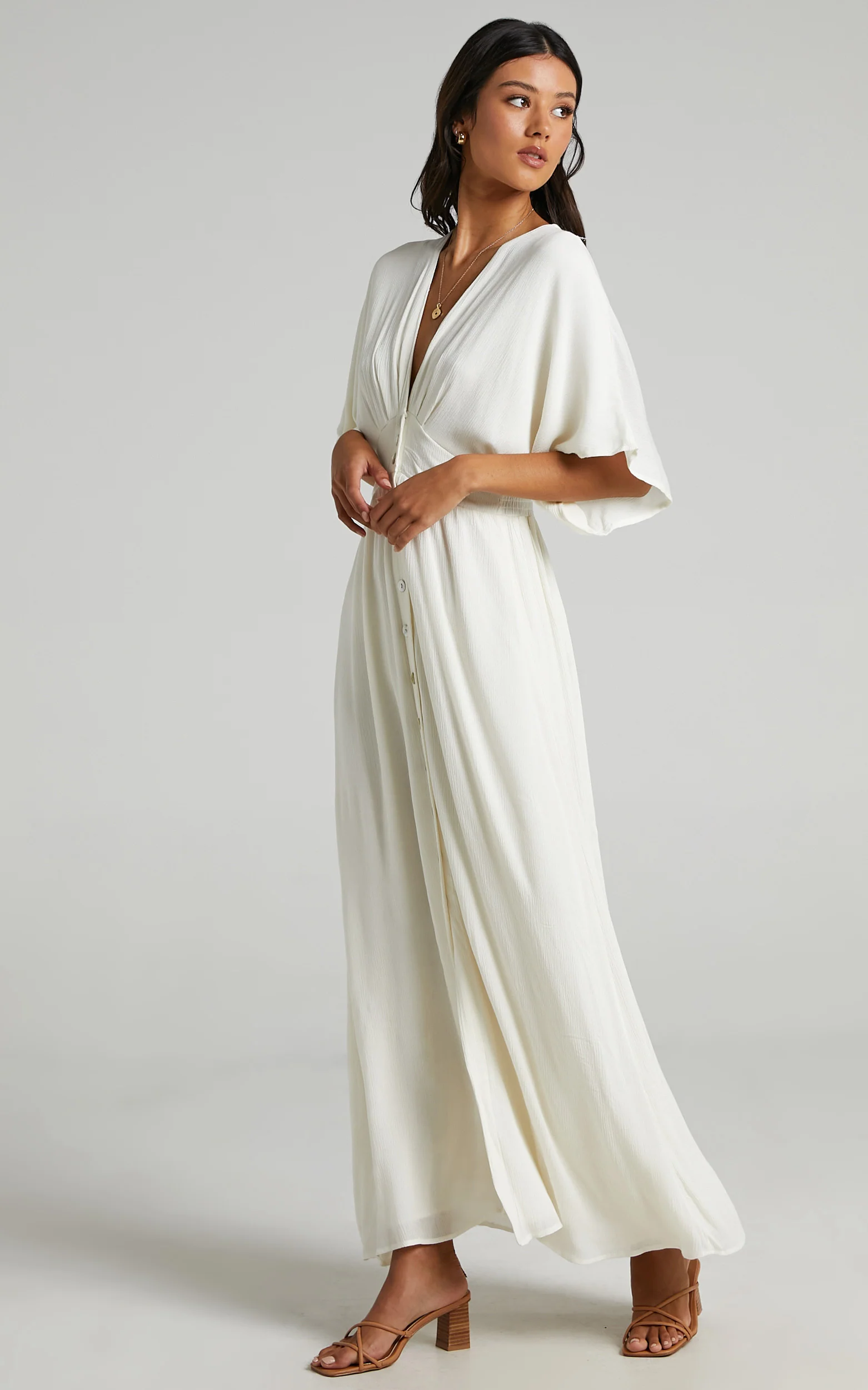 Sitting Pretty Maxi Dress - Short Sleeve Button Down Dress in Natural - Image 9