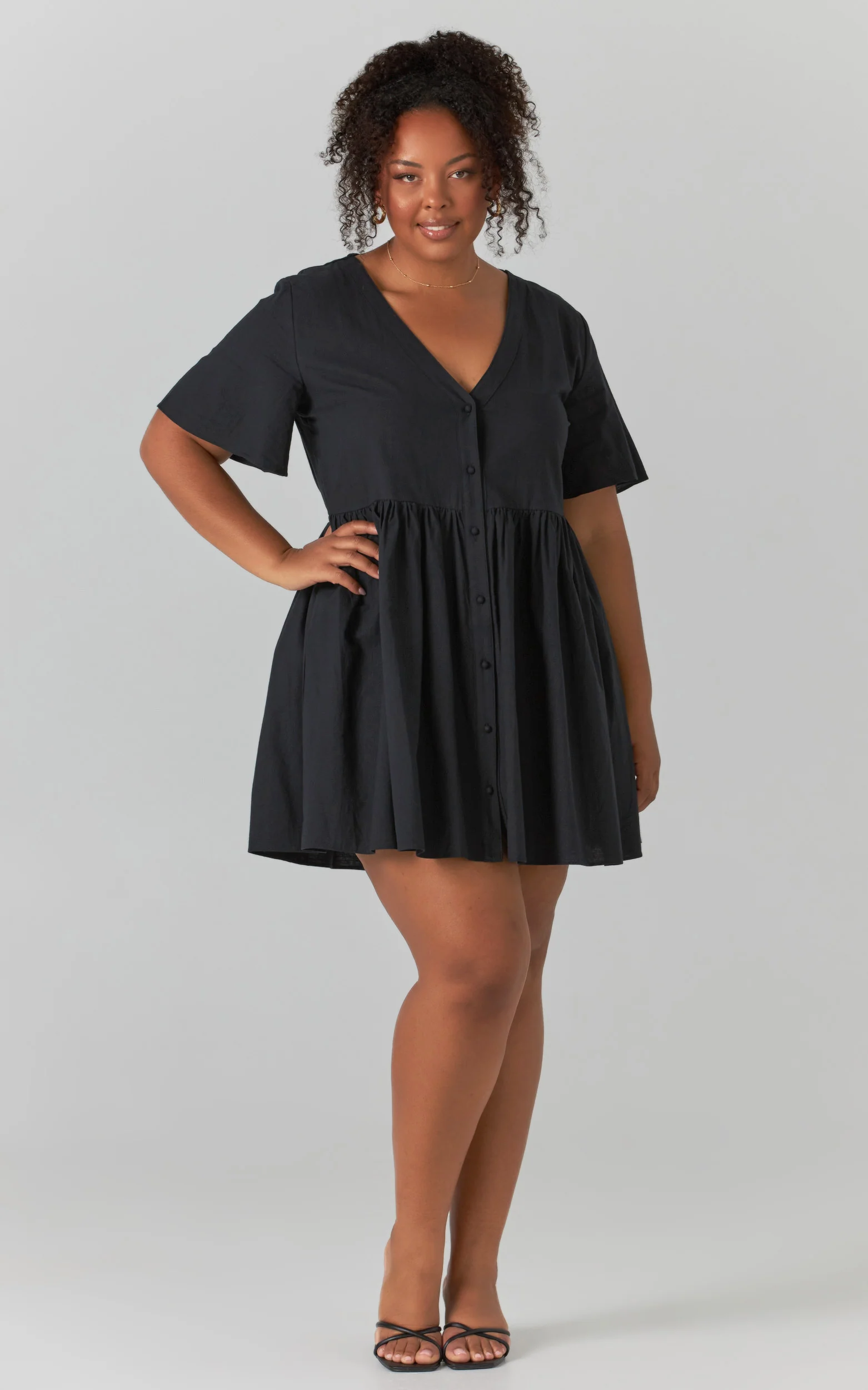 Staycation Mini Dress - Smock Button Up Dress in Black - Image 4