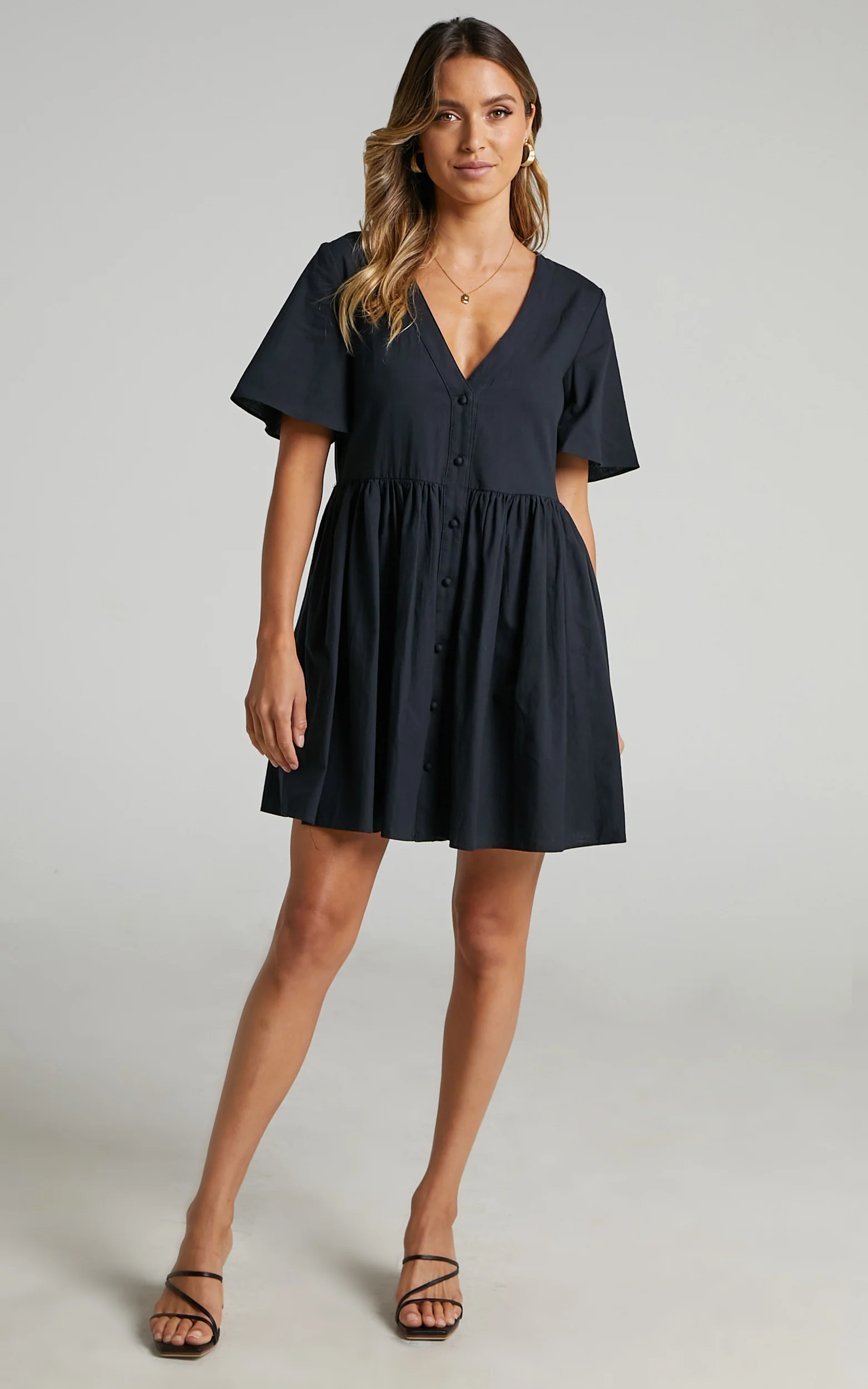 Staycation Mini Dress - Smock Button Up Dress in Black - Image 5