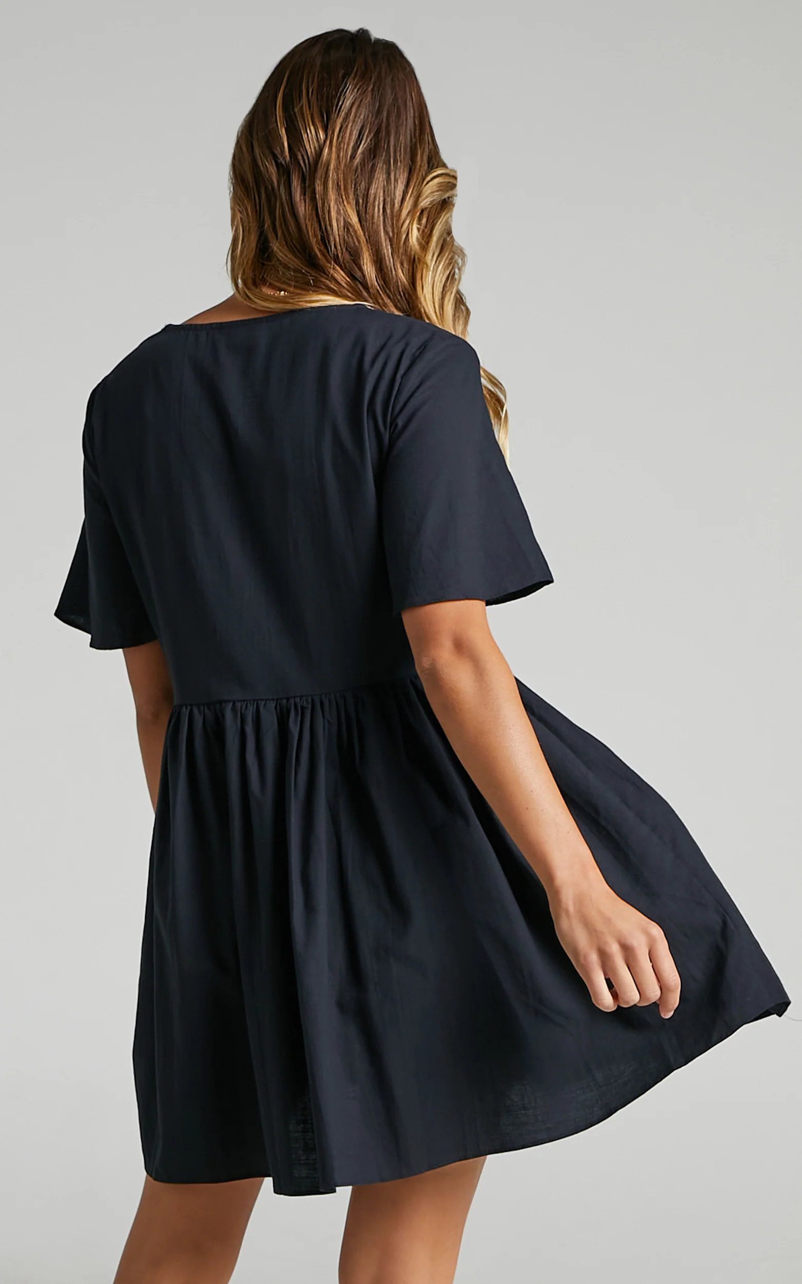 Staycation Mini Dress - Smock Button Up Dress in Black - Image 8