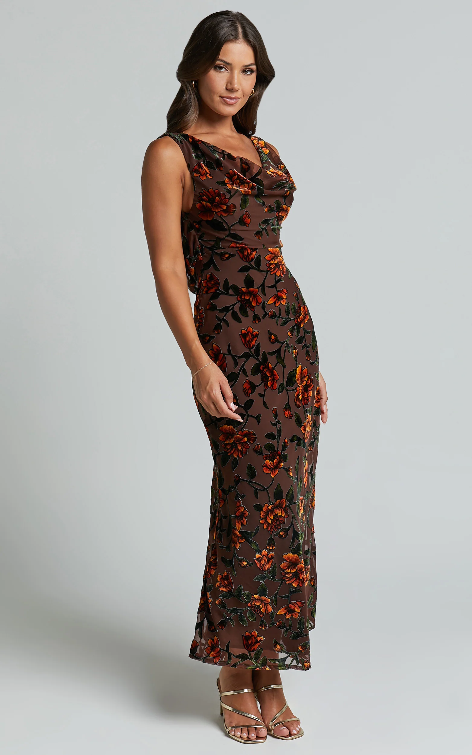 Stephania Midi Dress - Cowl Neck Low Back Burnout Slip Dress in Chocolate - Image 4