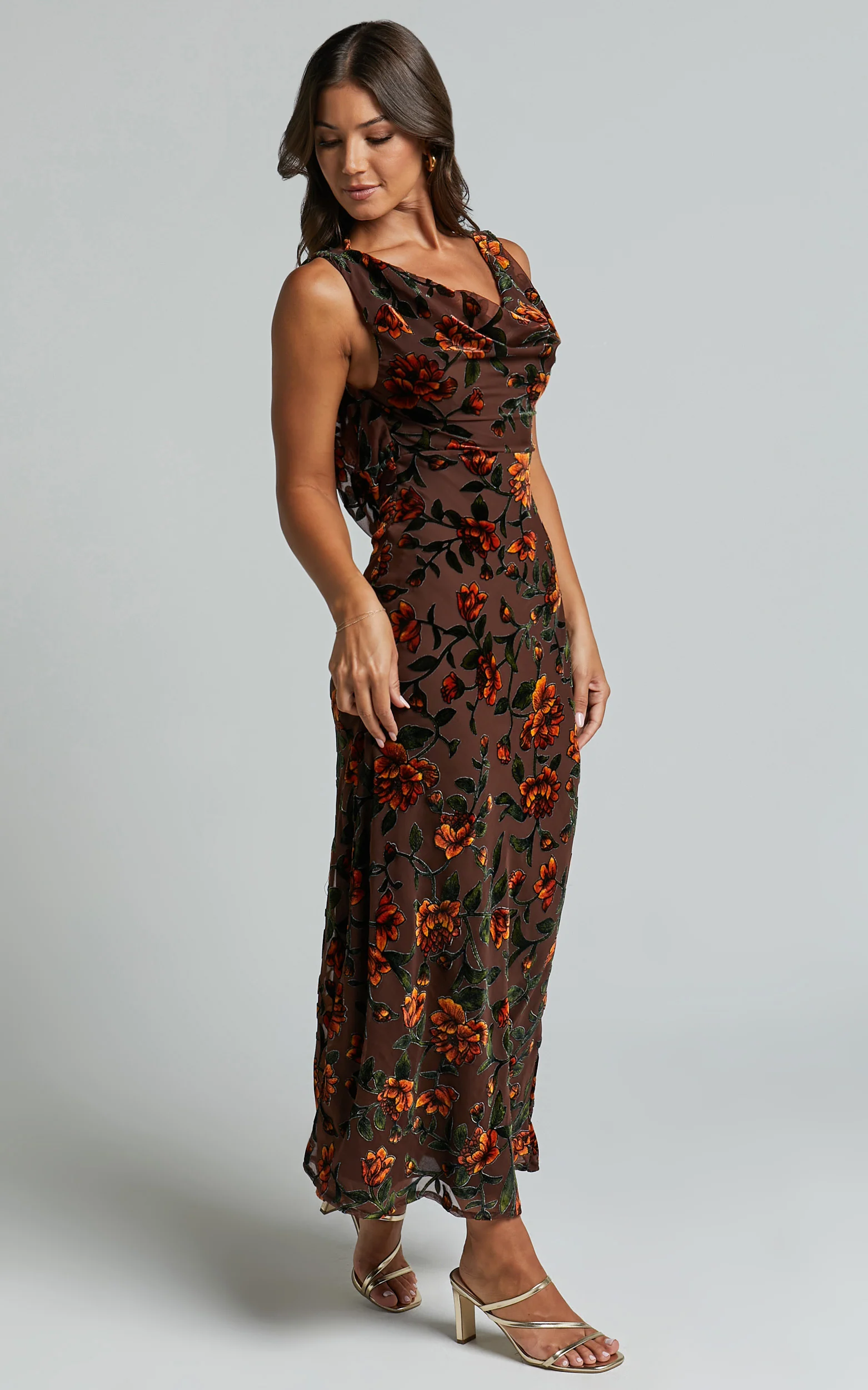 Stephania Midi Dress - Cowl Neck Low Back Burnout Slip Dress in Chocolate - Image 6