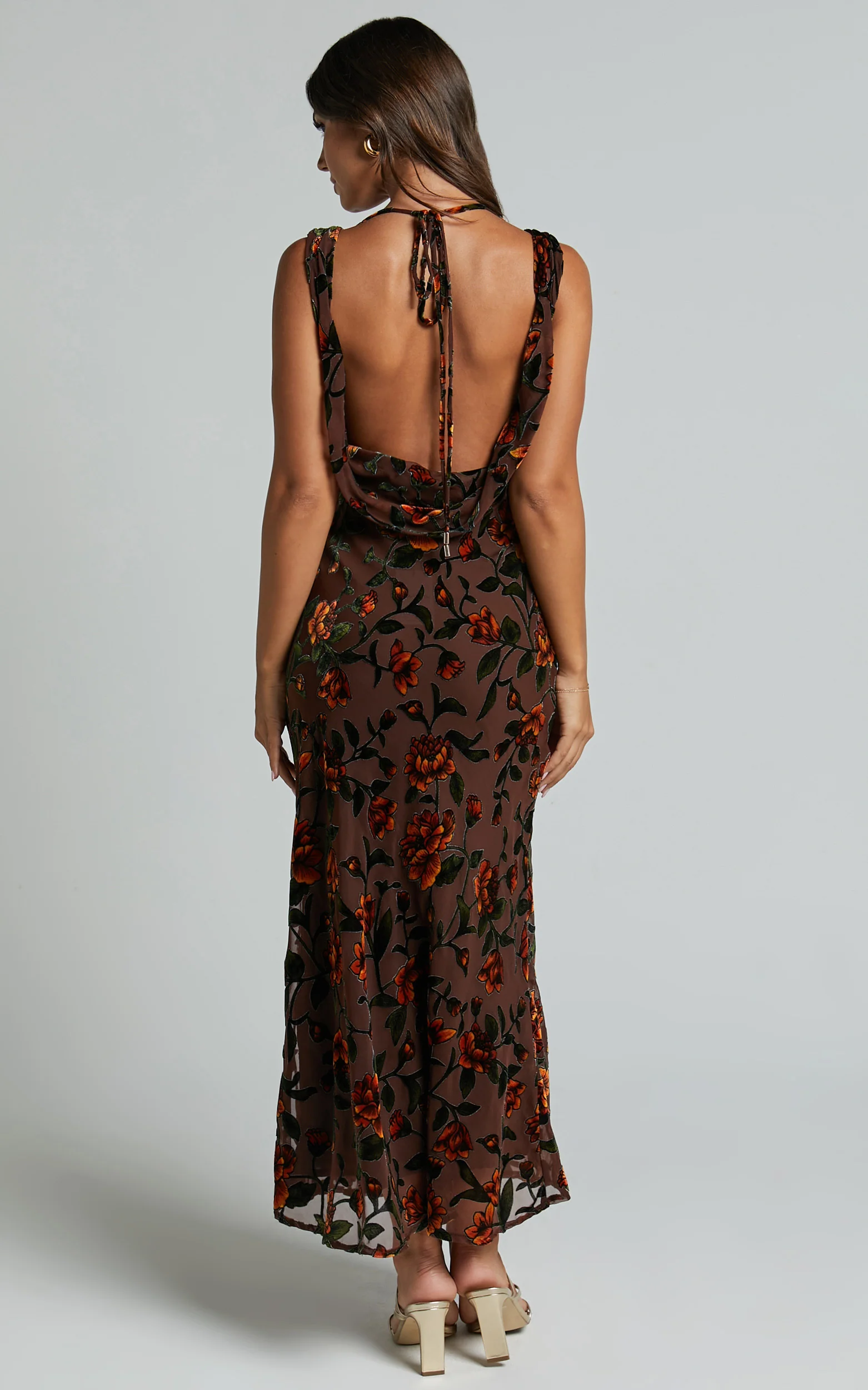 Stephania Midi Dress - Cowl Neck Low Back Burnout Slip Dress in Chocolate - Image 7