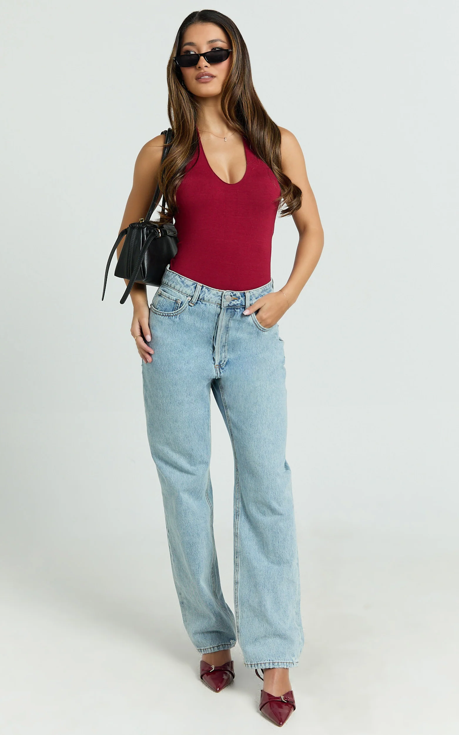 Suzanna Bodysuit - V Neck Halter Bodysuit in Wine - Image 4