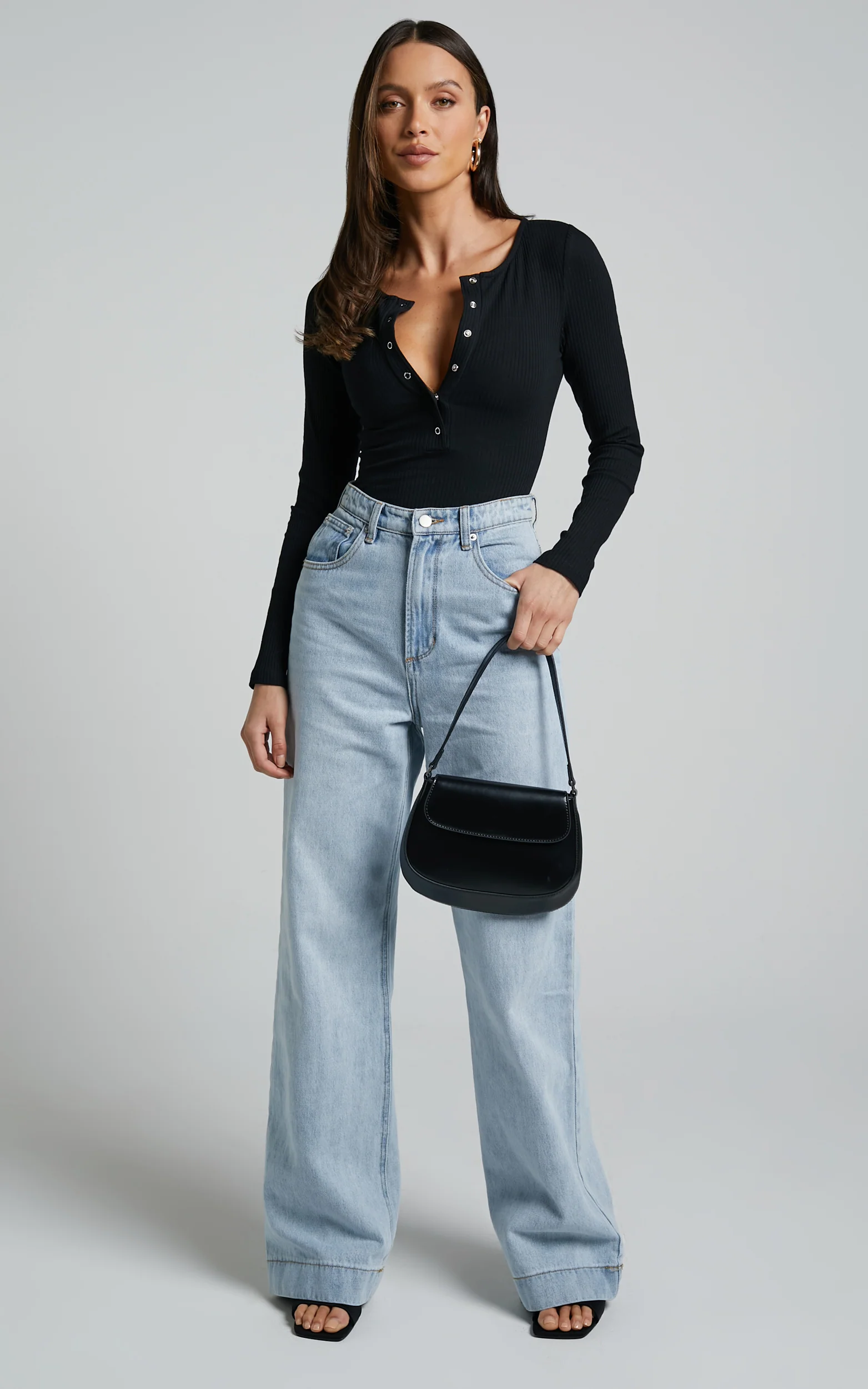 Tatem Bodysuit - Long Sleeve Button Front Bodysuit in Black - Image 3